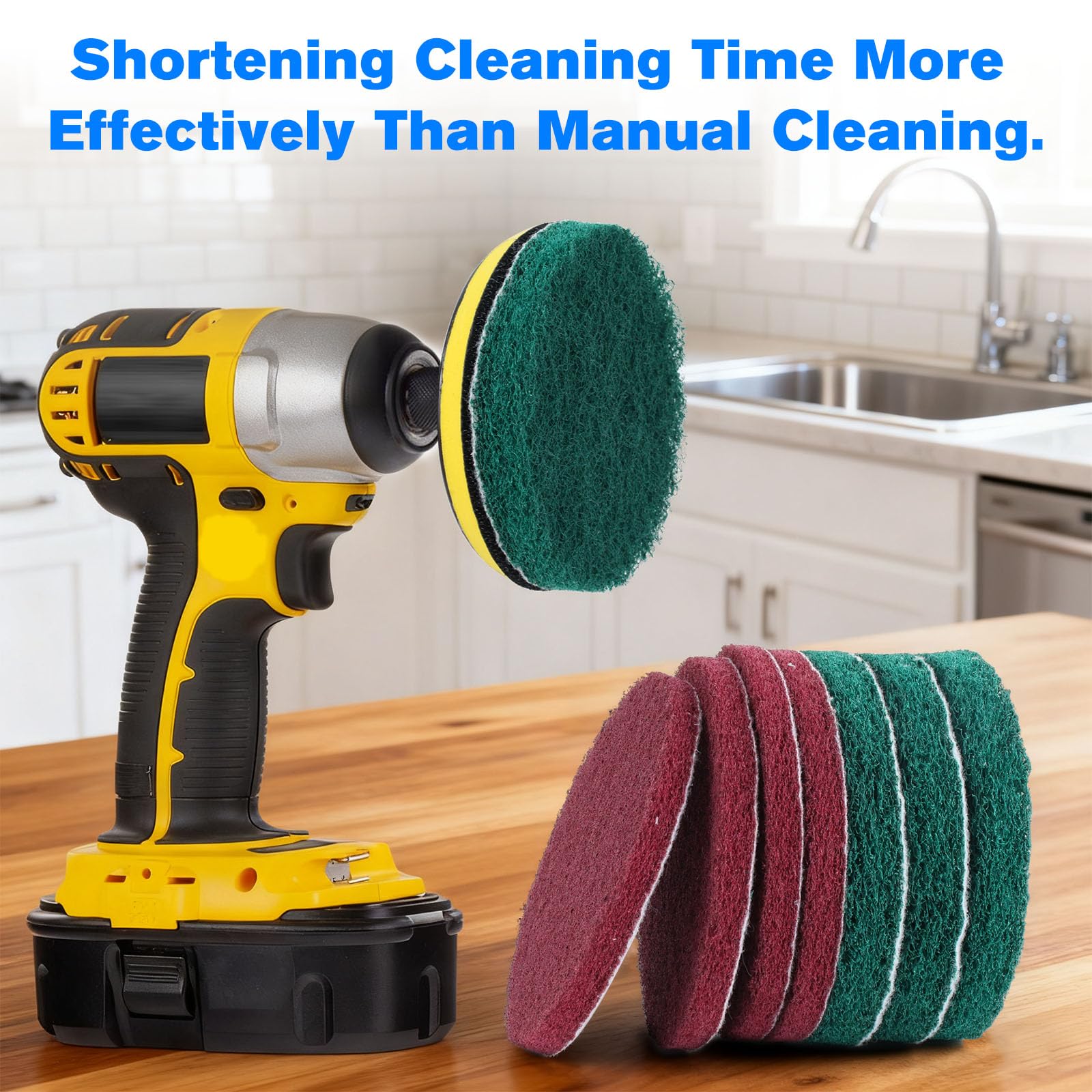 4-Inch Scrub Drill Brush Power Scouring Pads Household Cleaning Set 4 Red Pads 4 Green Pads 1 Drill Attachment and 1 Universal Shaft for Kitchen