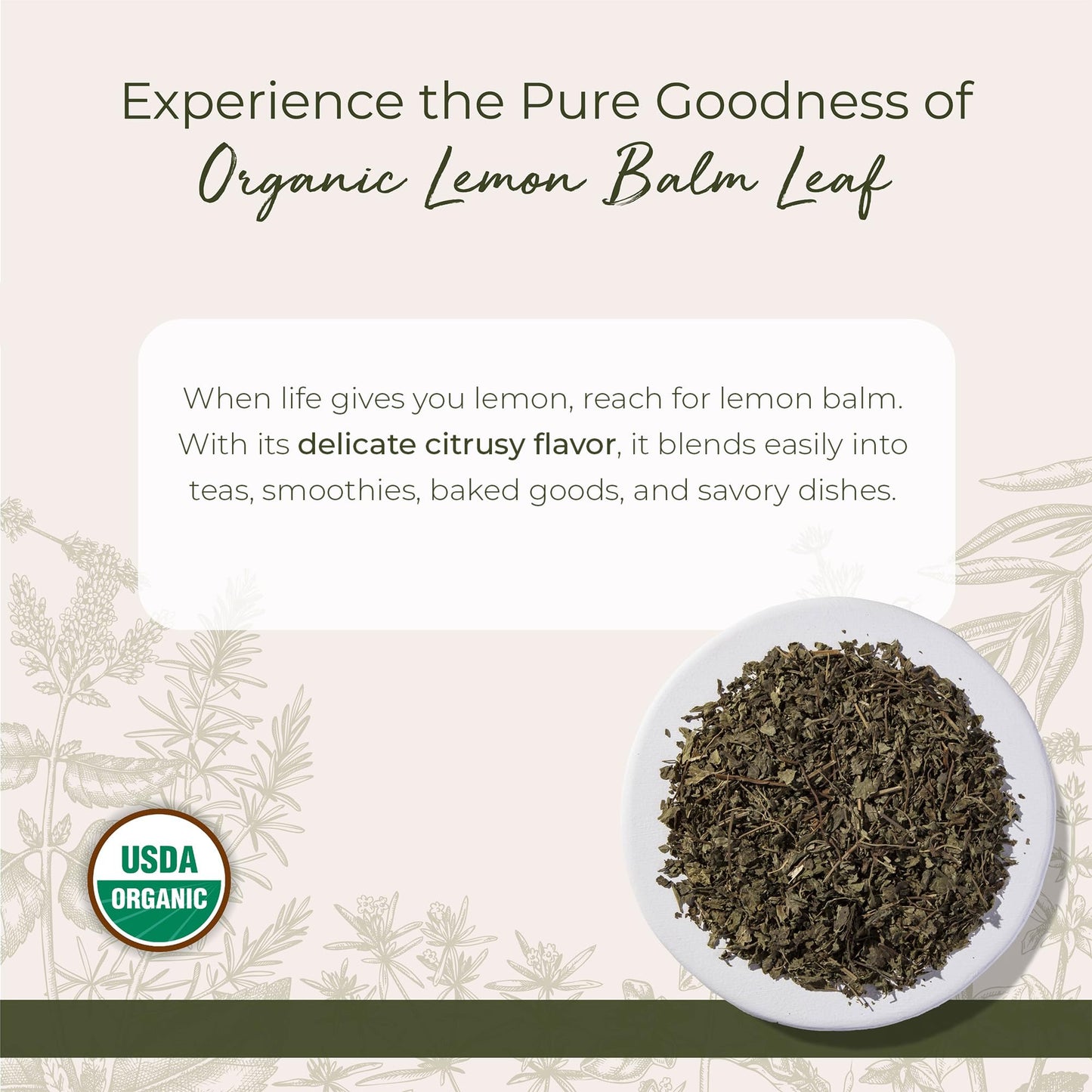 Starwest Botanicals Organic Lemon Balm Leaves - Dried Herb for Tea, Loose Leaf Natural Herb, Cut & Sifted Lemon Balm, Certified Kosher, Non-GMO - 4 oz