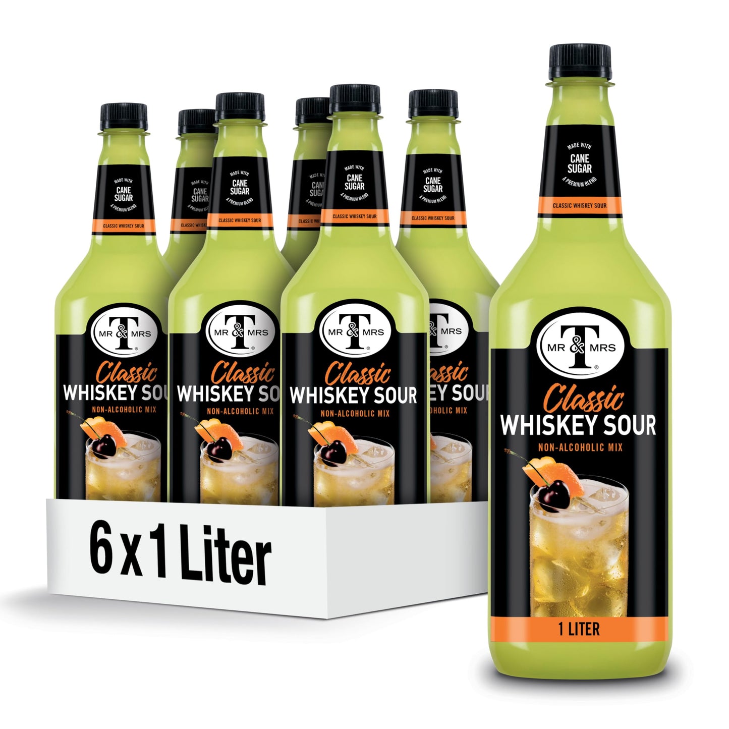 Mr & Mrs T Whiskey Sour Mix, 1 L bottle (Pack of 6), Tart and Sweet Blend Flavored Cocktail Mixer, Made with Cane Sugar, Perfect for Traditional