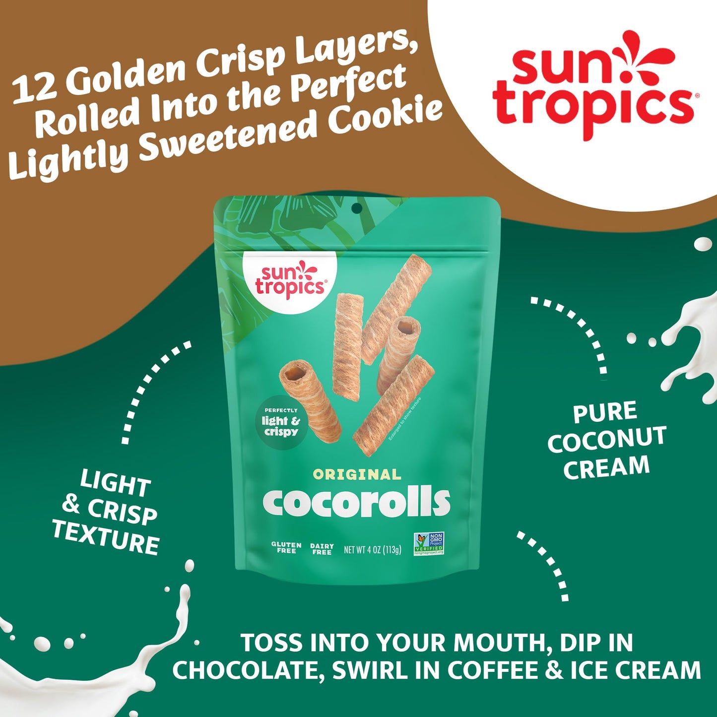 Sun Tropics CocoRolls Original Flavor 4 oz - Crispy Coconut Wafer Rolls Made with Pure Coconut Cream | Gluten-Free, Dairy-Free, Non-GMO Snack