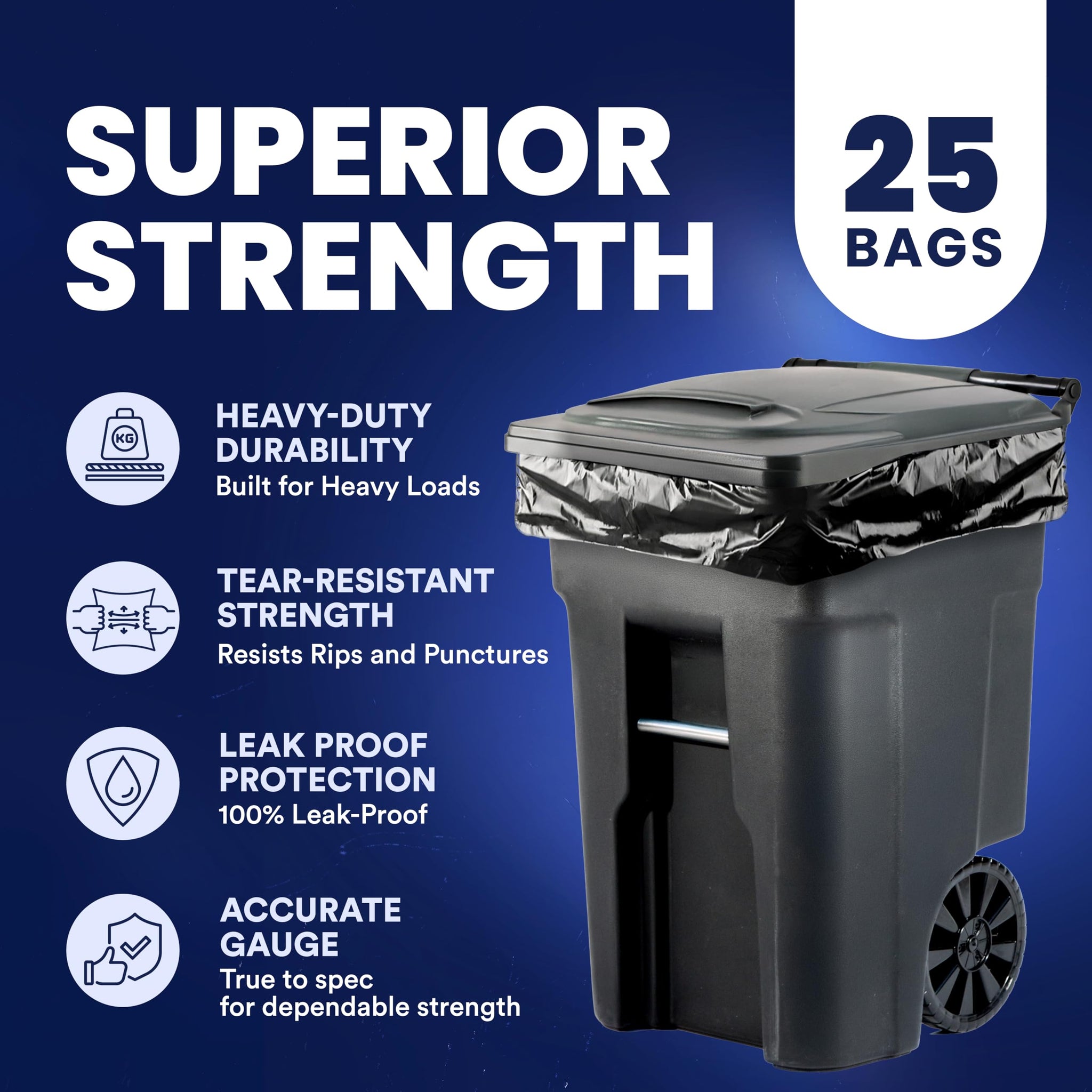 Plasticplace 95-96 Gallon Garbage Can Liners Heavy Duty 1.5 Mil Black Trash Bags Tear-Resistant Outdoor Garbage Bags for Rollaway Bins Large 61" x 68"