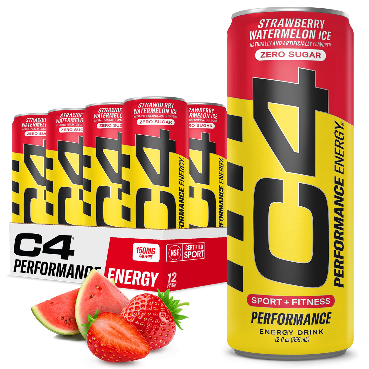 C4 Energy Drink 12oz (Pack of 12) - Strawberry Watermelon Ice - Sugar Free Pre Workout Performance Drink with No Artificial Colors or Dyes