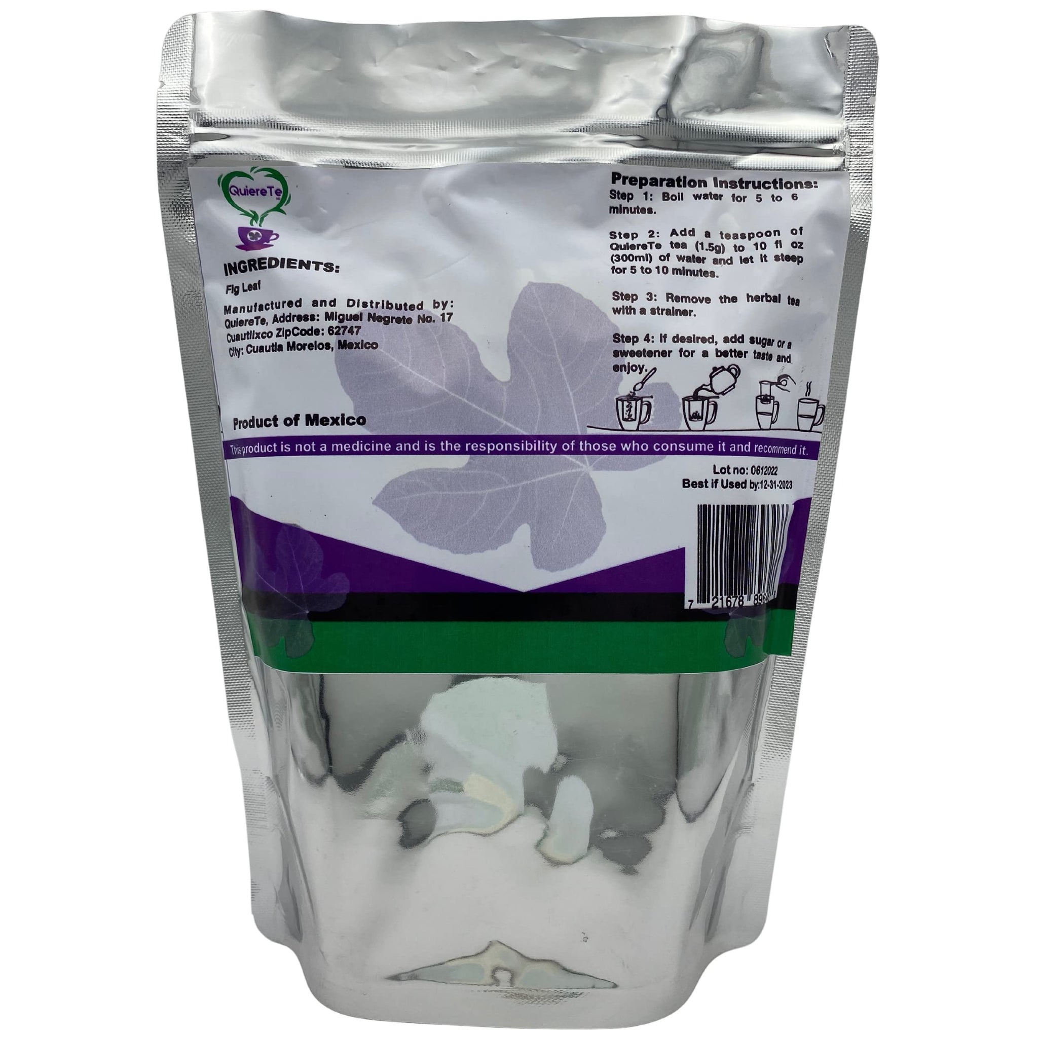 Fig Leaf Tea, Hoja de Higo, Quiere Te, 3.5 oz (100 grams), 1 Pack, Up to 66 Cups, Crushed Fig Leaf Tea, Loose Leaves, 100% Natural, Resealable Bag