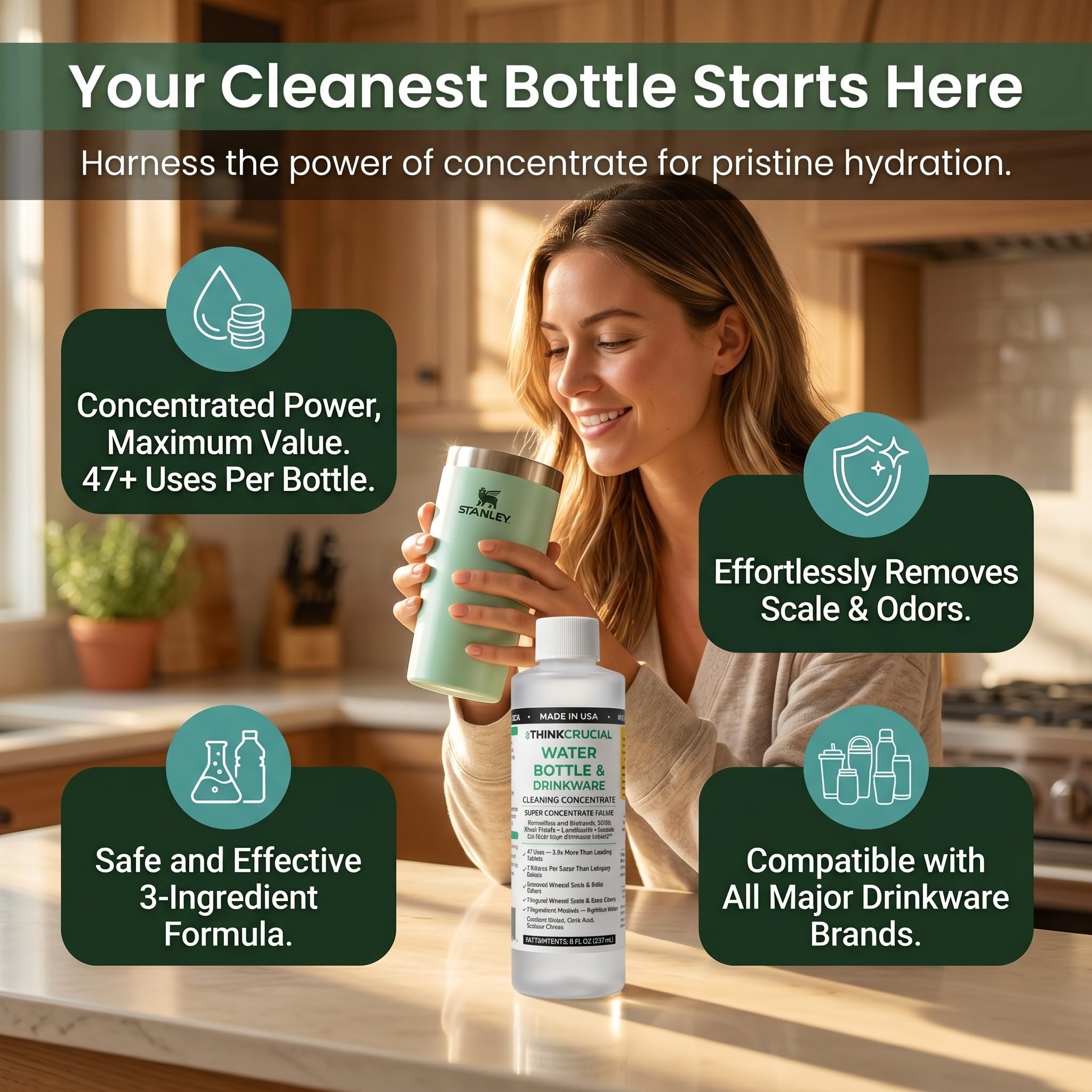 Think Crucial Bottle Blaster - 47-Use Water Bottle Cleaning Concentrate - Made in USA - Compatible with Stanley, YETI, Hydro Flask, CamelBak - 8 oz