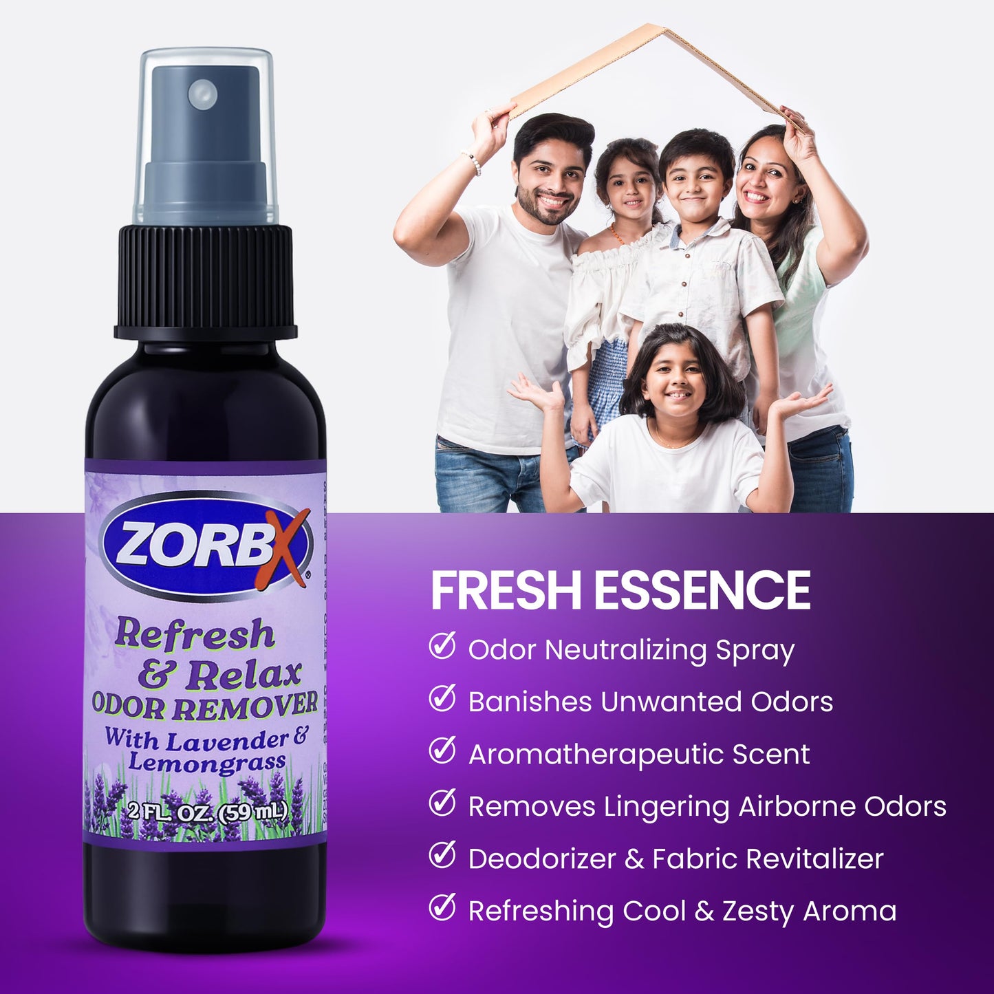 ZORBX Refresh & Relax 2 Oz Odor Remover Spray with Lavender & Lemongrass - Permanent Solution Room Freshener & Air Freshener Spray for Home, Bathroom