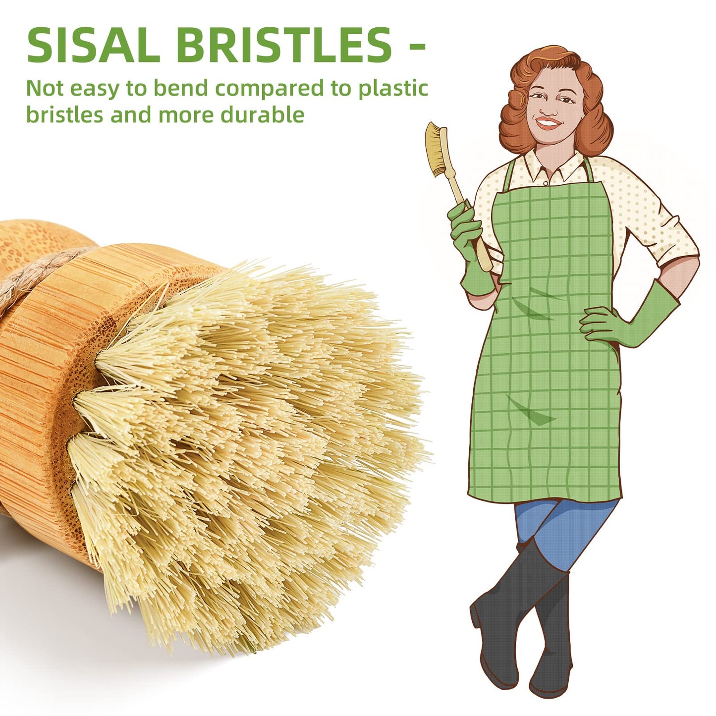 Bamboo Dish Scrub Brushes,Kitchen Wooden Cleaning Scrubbers Set for Washing Cast Iron Pan/Pot, Natural Sisal Bristles, Set of 3