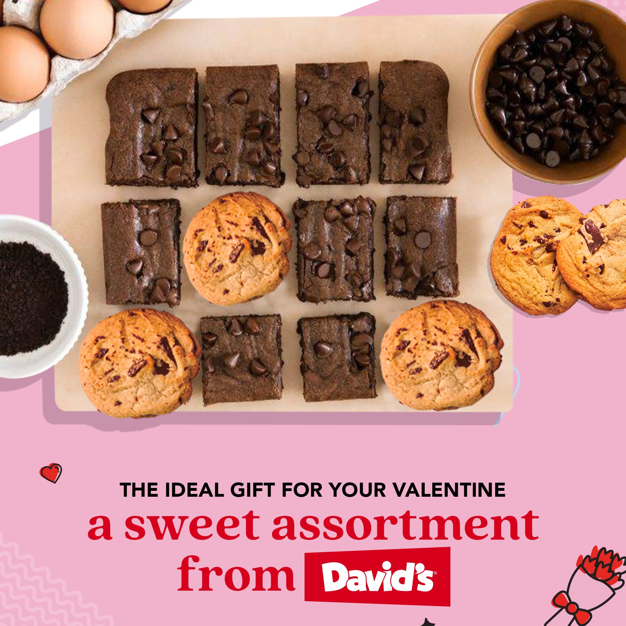 David’s Cookies Cookie Brownies Bucket Sampler - 1.3Lbs Assorted Gourmet with Chocolate Chip Brownies and Chocolate Chunk Cookies in a Love Tin