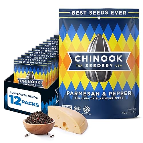 Chinook Seedery Sunflower Seeds to Eat - Jumbo, Flavored, Roasted, Low Sodium Snacks - Keto Friendly, Gluten-Free, Non-GMO - Parmesan & Pepper Flavor