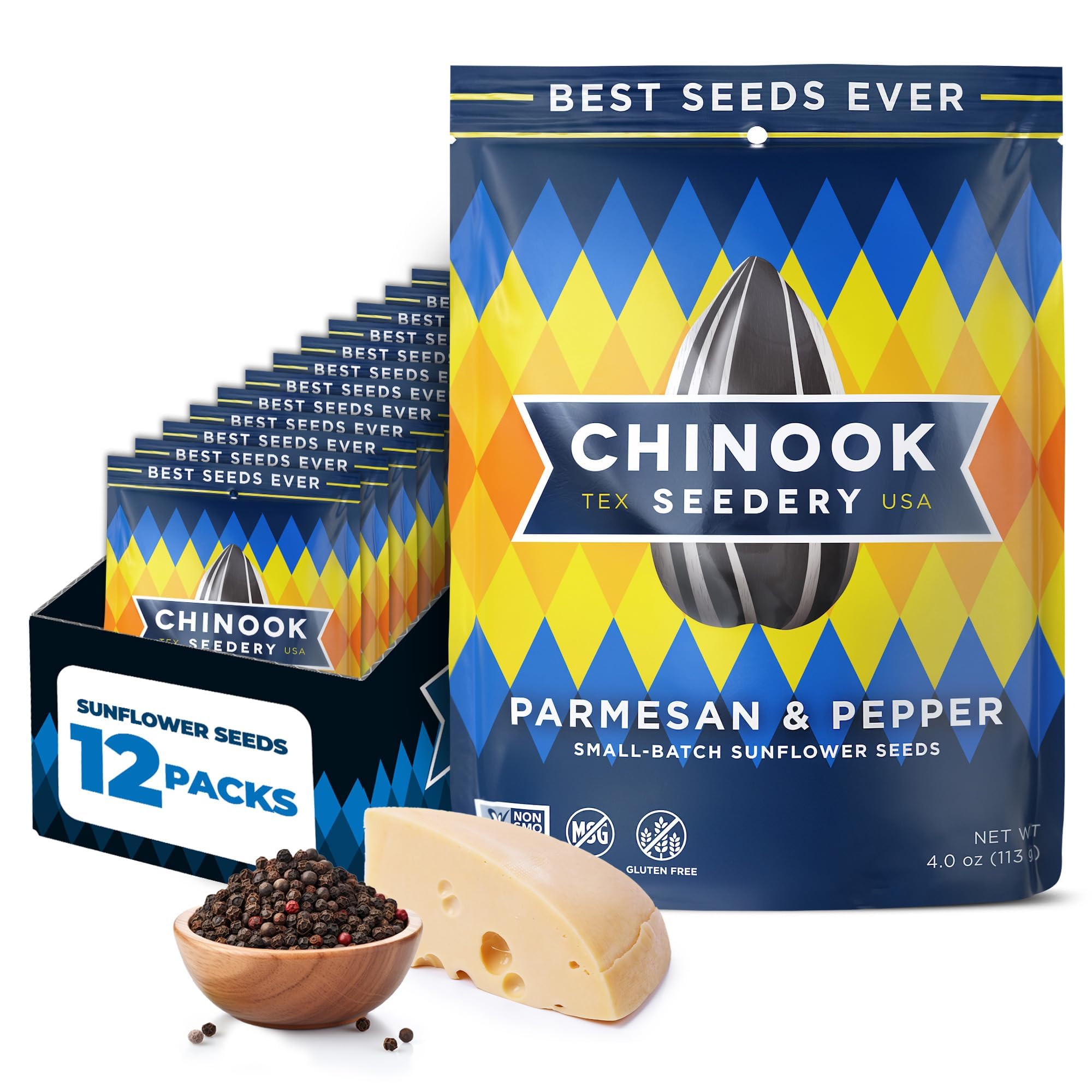 Chinook Seedery Sunflower Seeds to Eat - Jumbo, Flavored, Roasted, Low Sodium Snacks - Keto Friendly, Gluten-Free, Non-GMO - Parmesan & Pepper Flavor