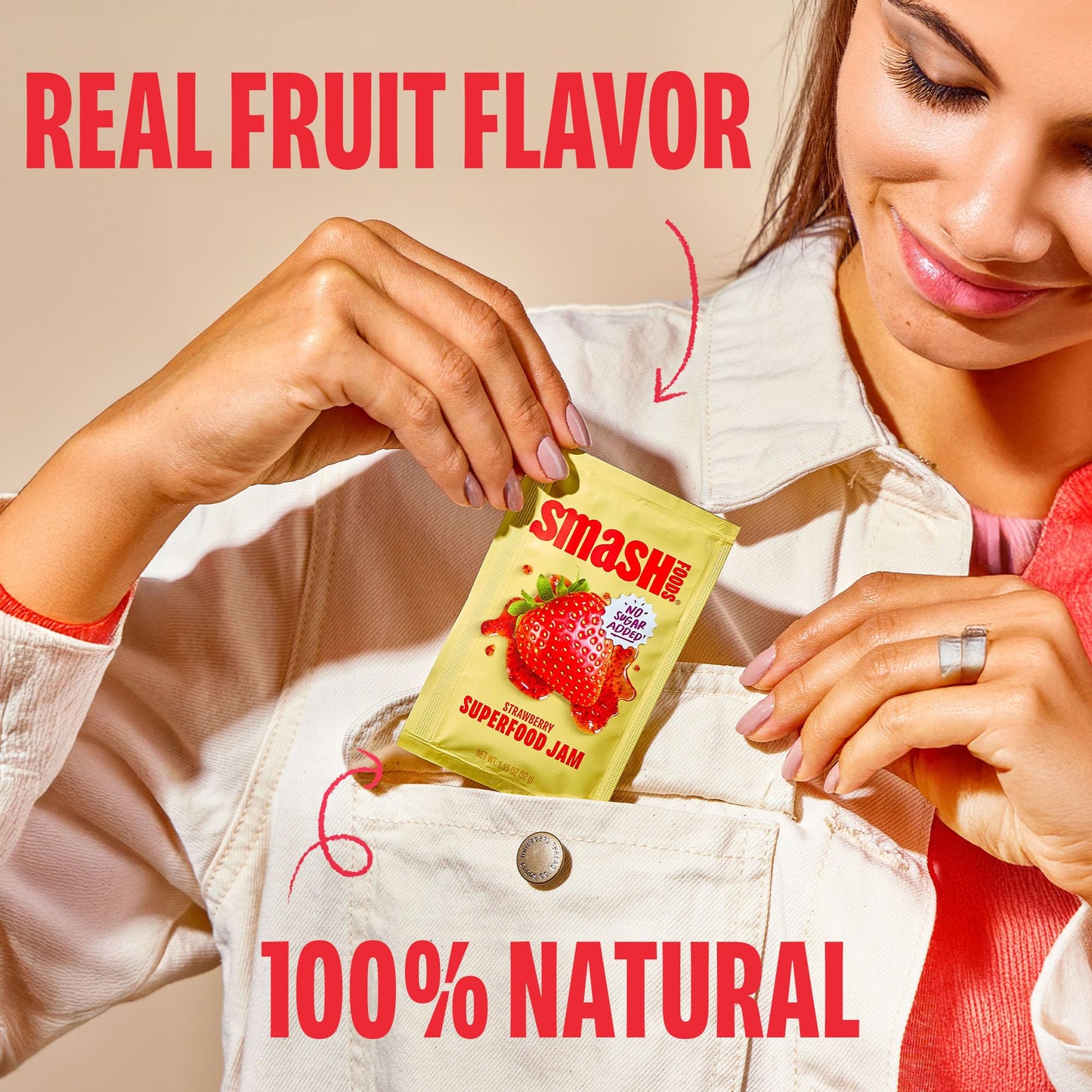 Smash Foods Strawberry Jam Squeeze Packets | 10 Single Serve | Natural, Keto & No Sugar Added | Vegan & Upcycled Fruit Spread | Low-Calorie, Superfood