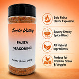 Taste Valley Fajita Seasoning - 13.4 oz Large Shaker Jar | 380 Servings | Zero Calories | Bold Tex-Mex Spice Blend | No MSG | Seasoning for Chicken