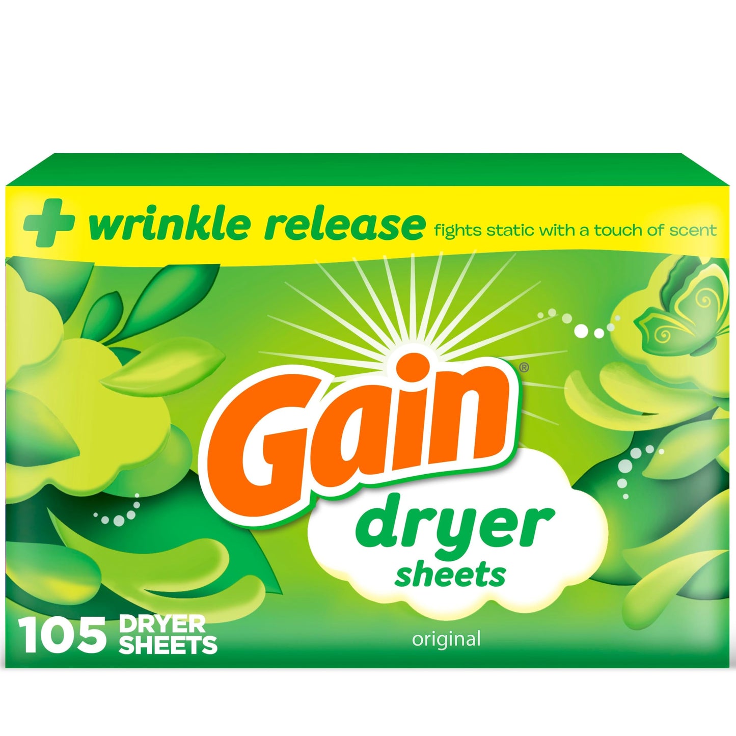 Gain dryer sheets Plus Wrinkle Release, Original Scent, 105 Count, Fights static with a touch of scent, laundry sheets