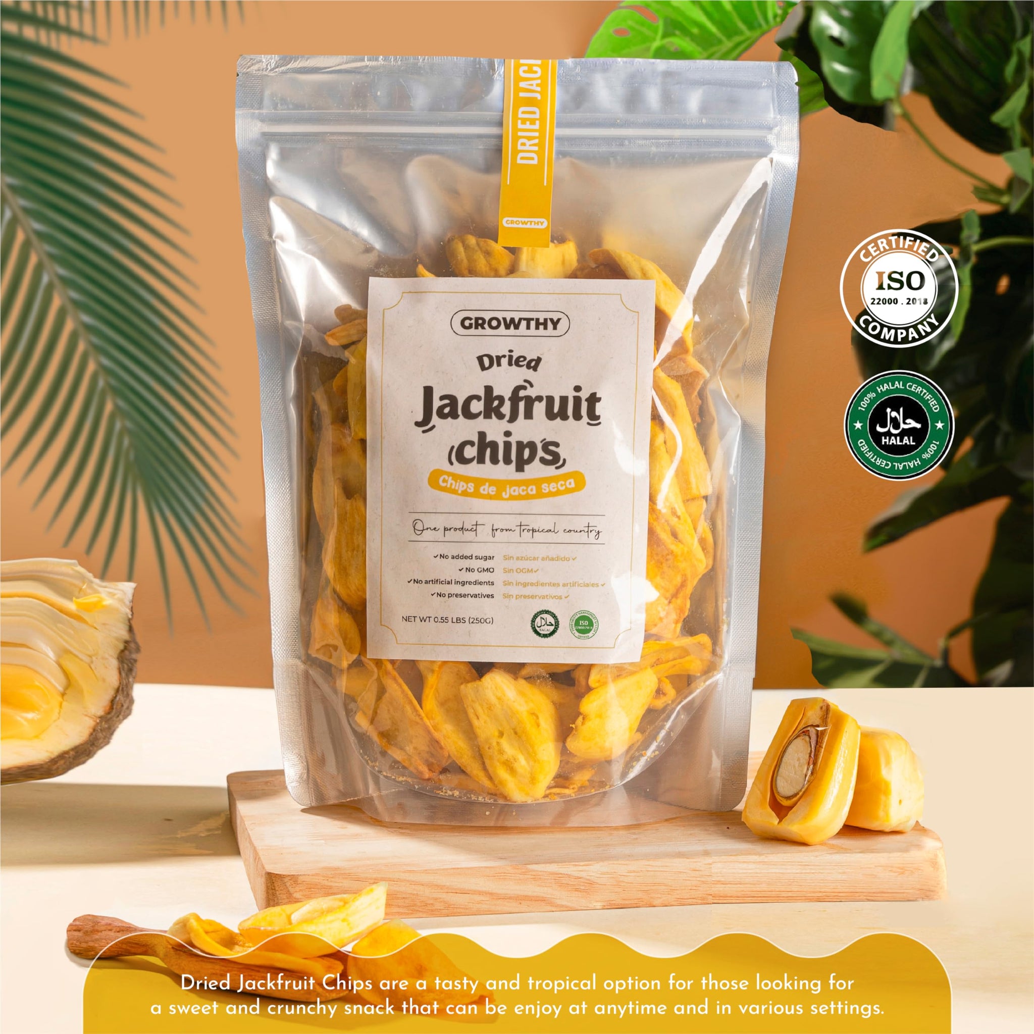 Growthy Dried Jackfruit Chips 250Grams, No Sugar Added, No Preservatives, No Cholesterol, Crunchy Jackfruit Snack, Healthy jackfruit Chips For Kids