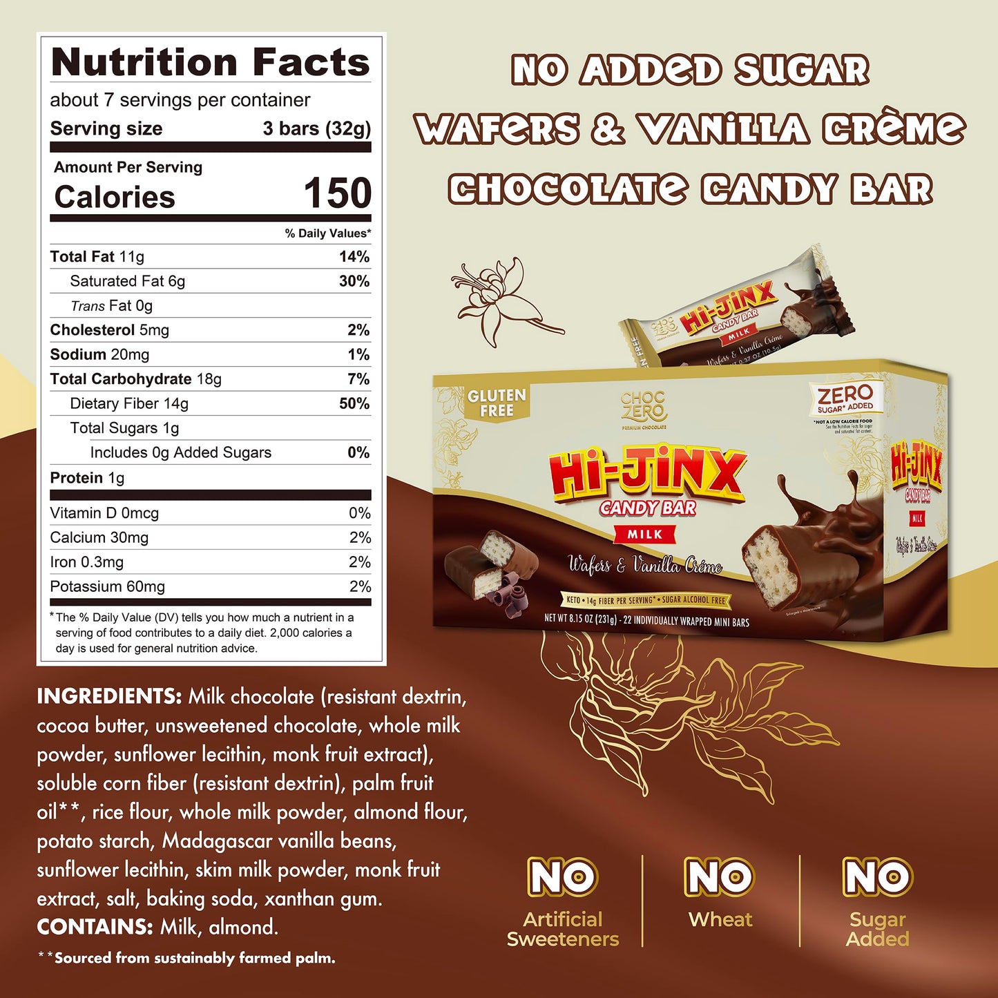 ChocZero Hi-Jinx Milk Chocolate Wafer Bars - Gluten Free, No Sugar Added, Keto Candy Bar with Vanilla Crème, 22 Individually Wrapped Minis, 8.15 oz