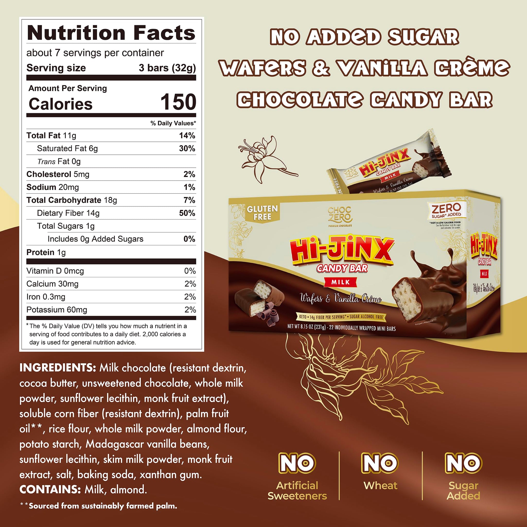 ChocZero Hi-Jinx Milk Chocolate Wafer Bars - Gluten Free, No Sugar Added, Keto Candy Bar with Vanilla Crème, 22 Individually Wrapped Minis, 8.15 oz
