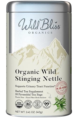 Wild Bliss Organic Wild Stinging Nettle Leaf Tea - Caffeine Free Urinary Tract Herbal Support - Pharmacopoeia Potency - 20 Plant Based Tea Bags