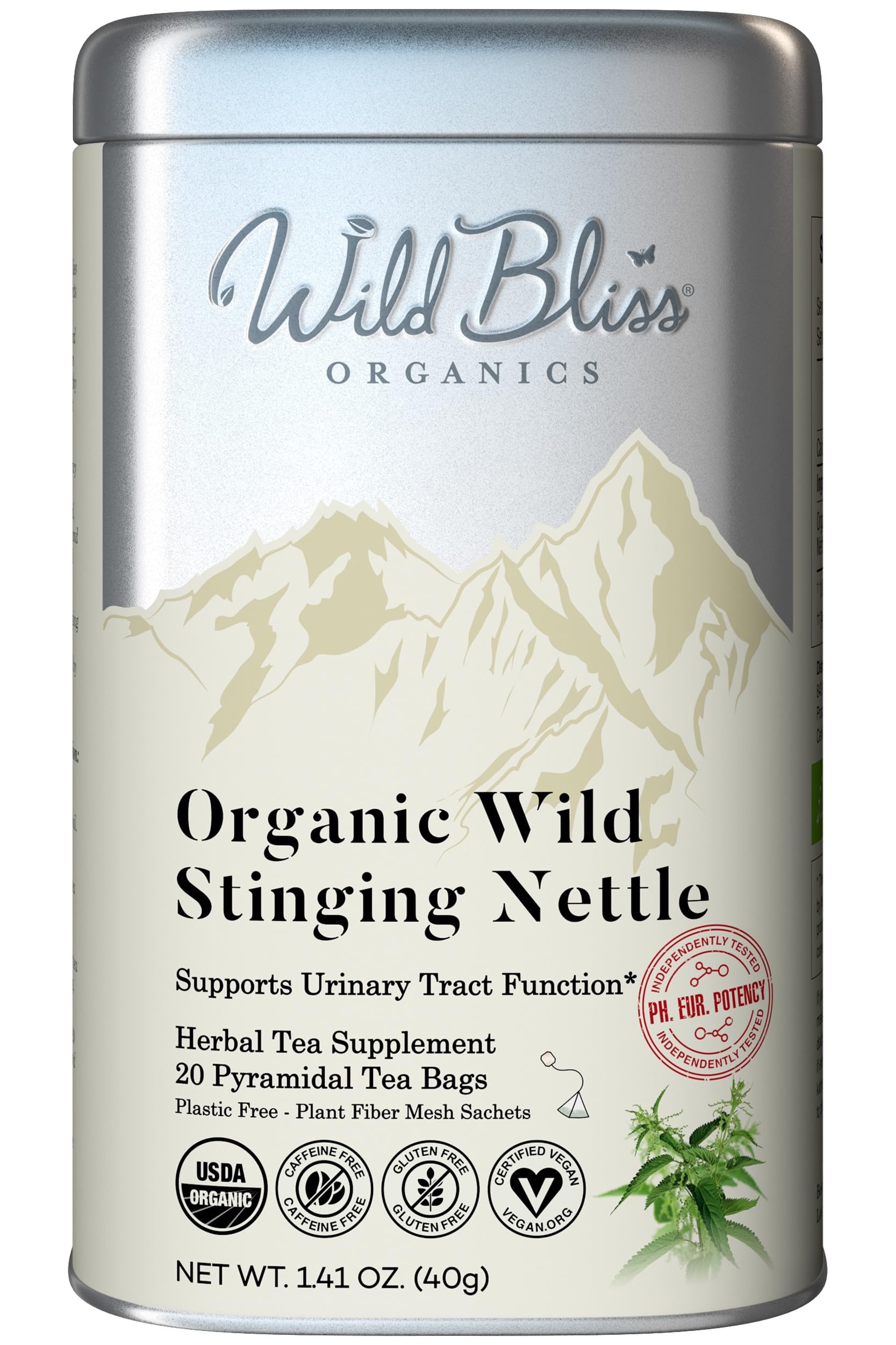 Wild Bliss Organic Wild Stinging Nettle Leaf Tea - Caffeine Free Urinary Tract Herbal Support - Pharmacopoeia Potency - 20 Plant Based Tea Bags