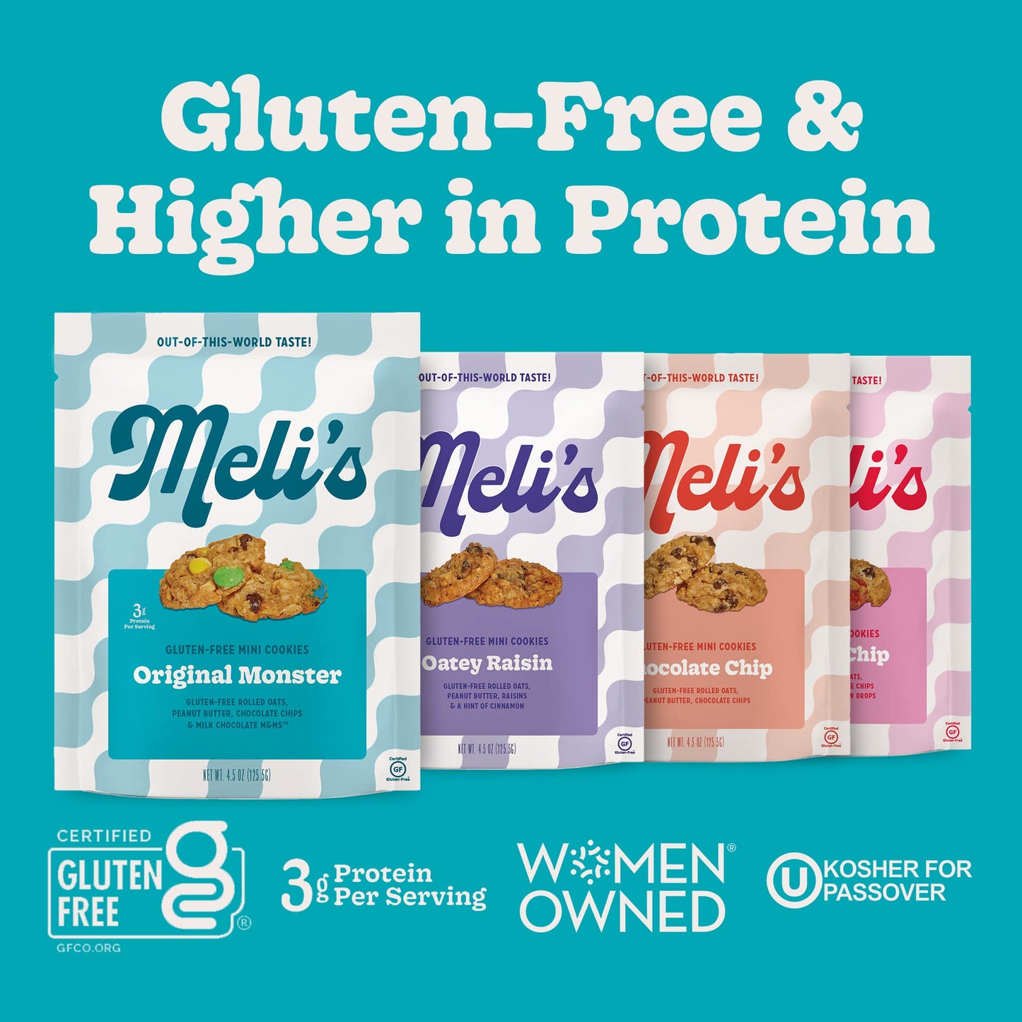Meli’s Mini Cookies Variety Pack - Original Monster, Chocolate Chip & Oatey Raisin - Gluten Free Snacks, Plant Based Gourmet Cookies w/Candy Chocolate