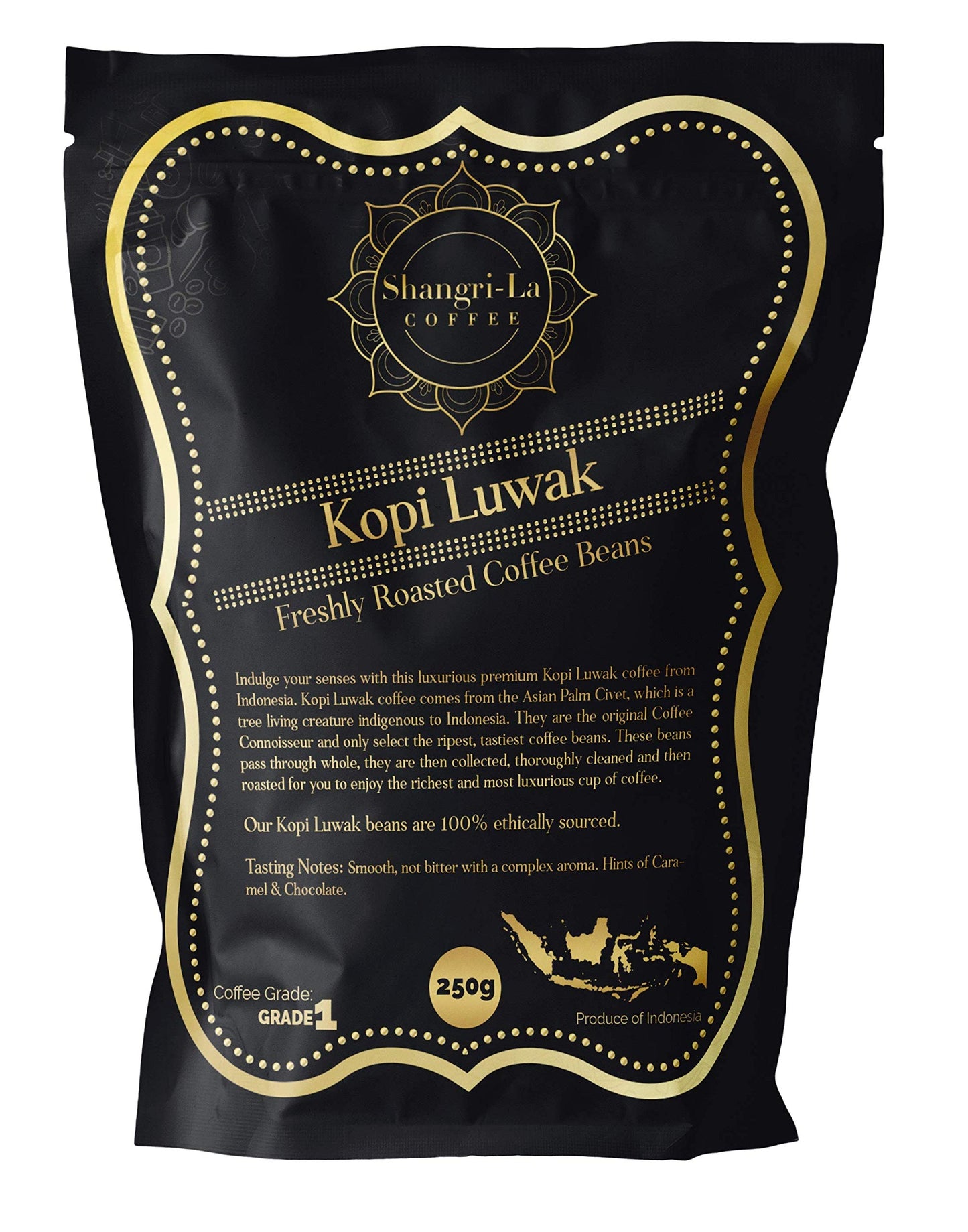 Shangri-La Coffee - Wild Kopi Luwak Coffee Whole Beans - Ethically Sourced - 250 Grams (8.8oz) (Other Weights & Bean Types Available) - Produce