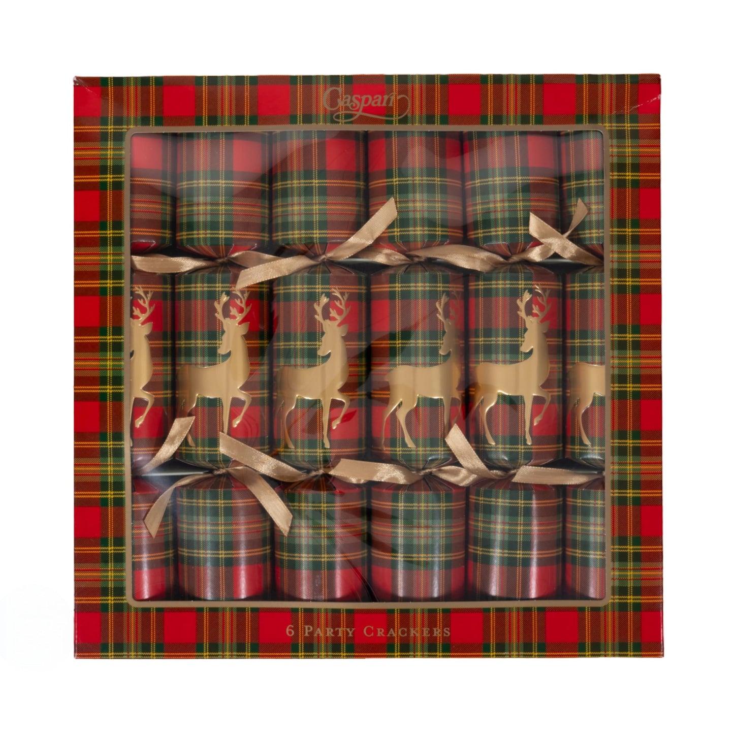 Caspari Reindeer Tartan Celebration Party Favors - Includes 6 Luxury Paper Favors with Surprise Trinkets, Crowns & Jokes