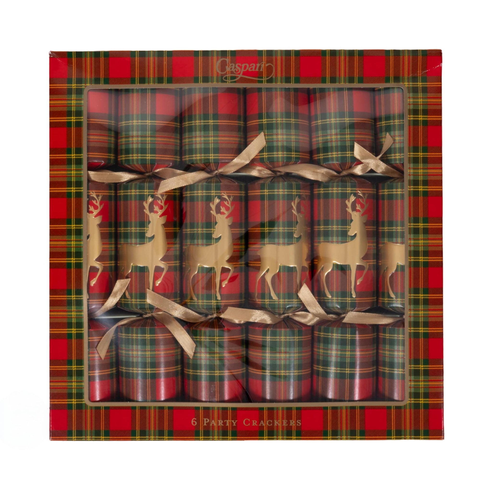 Caspari Reindeer Tartan Celebration Party Favors - Includes 6 Luxury Paper Favors with Surprise Trinkets, Crowns & Jokes