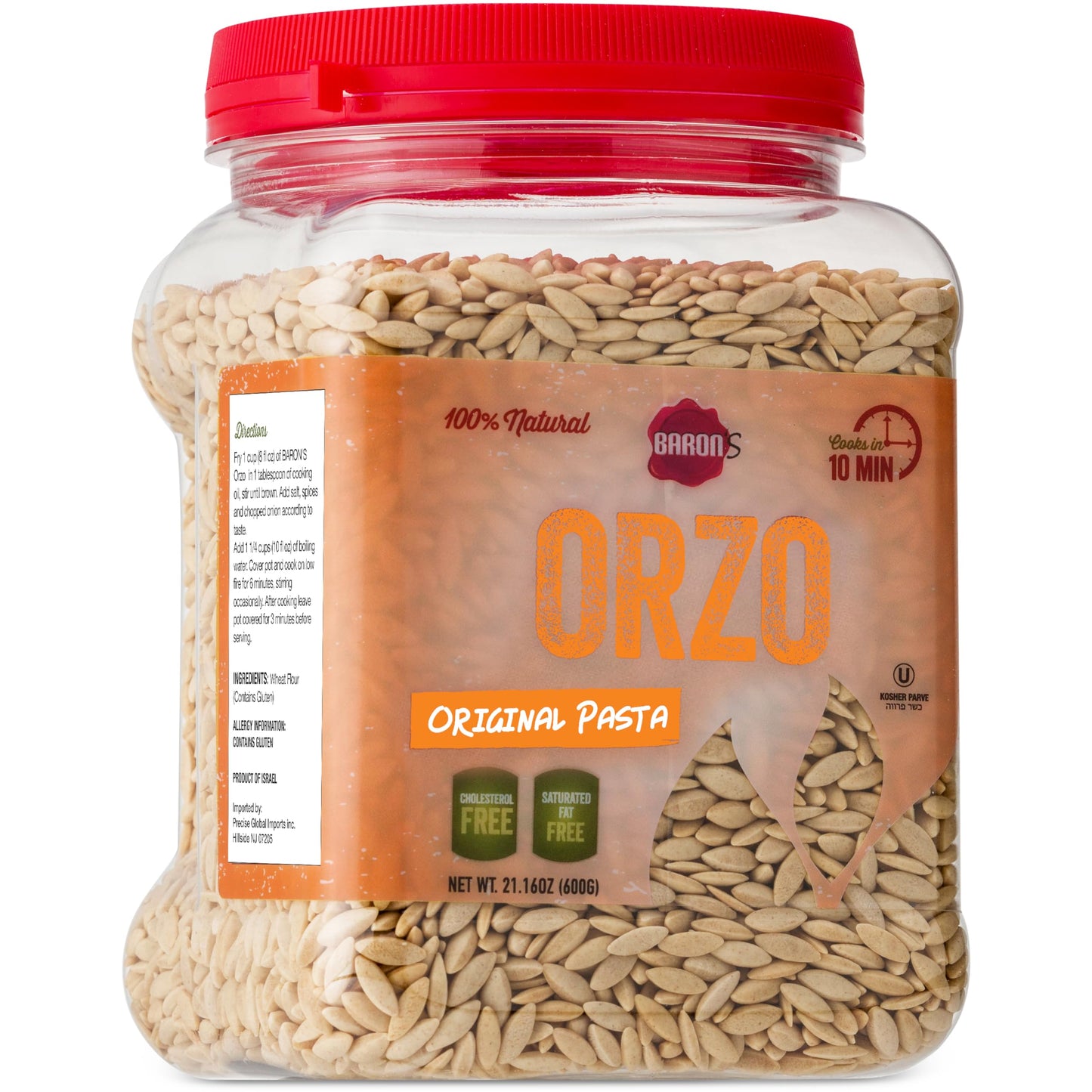 Baron’s Orzo Pasta Original | 1 Pack of 21.16oz Kosher Jars | Natural Israeli Rice-Shaped Orzo for Soups, Casseroles & Salads | Cooks in 10 Minutes