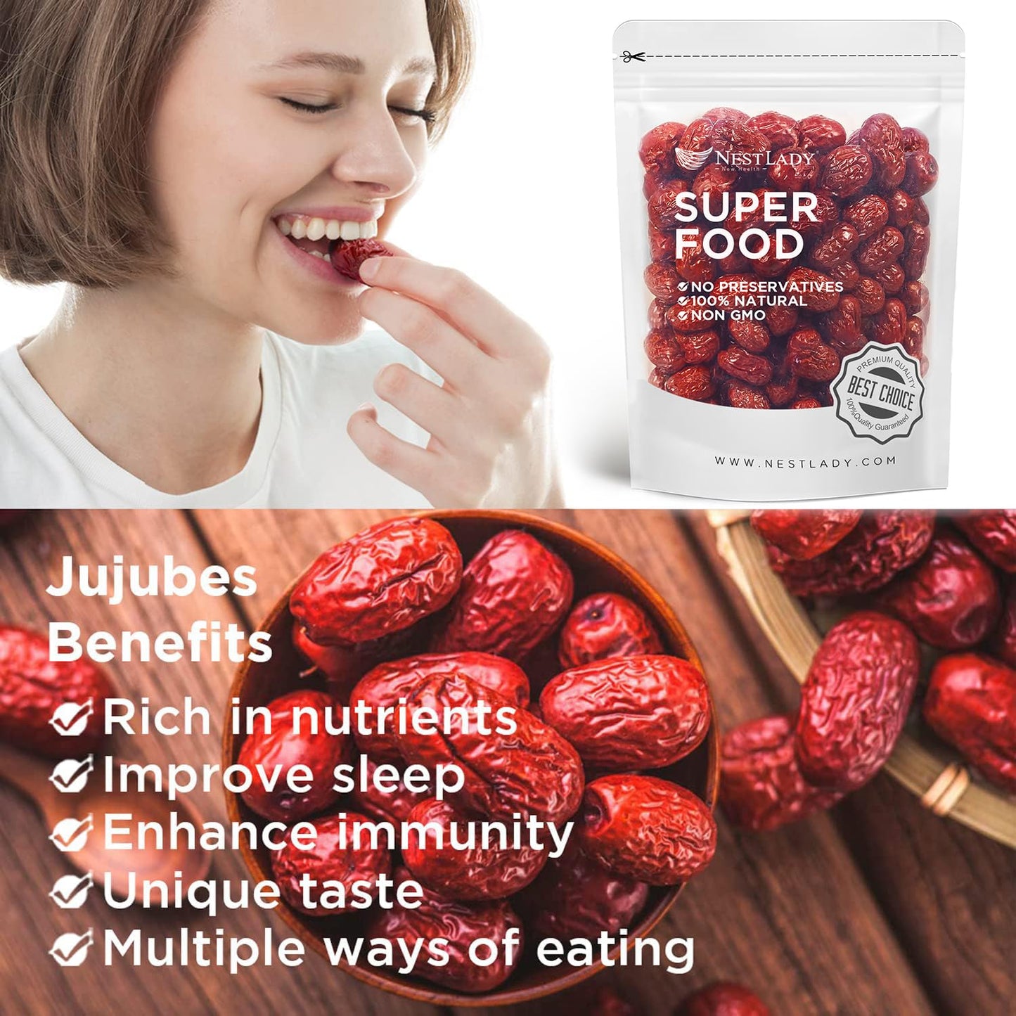 NESTLADY Premium Jujube Date, Red Date (Hong Zao), 100% Natural, Improve sleep, Health Snack, Dried Fruit, Sweet and Chewy Net weight: 454g