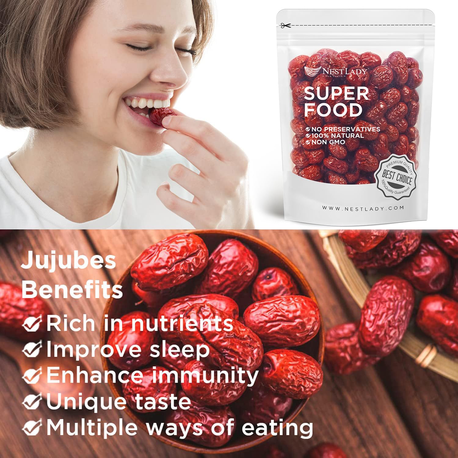 NESTLADY Premium Jujube Date, Red Date (Hong Zao), 100% Natural, Improve sleep, Health Snack, Dried Fruit, Sweet and Chewy Net weight: 454g
