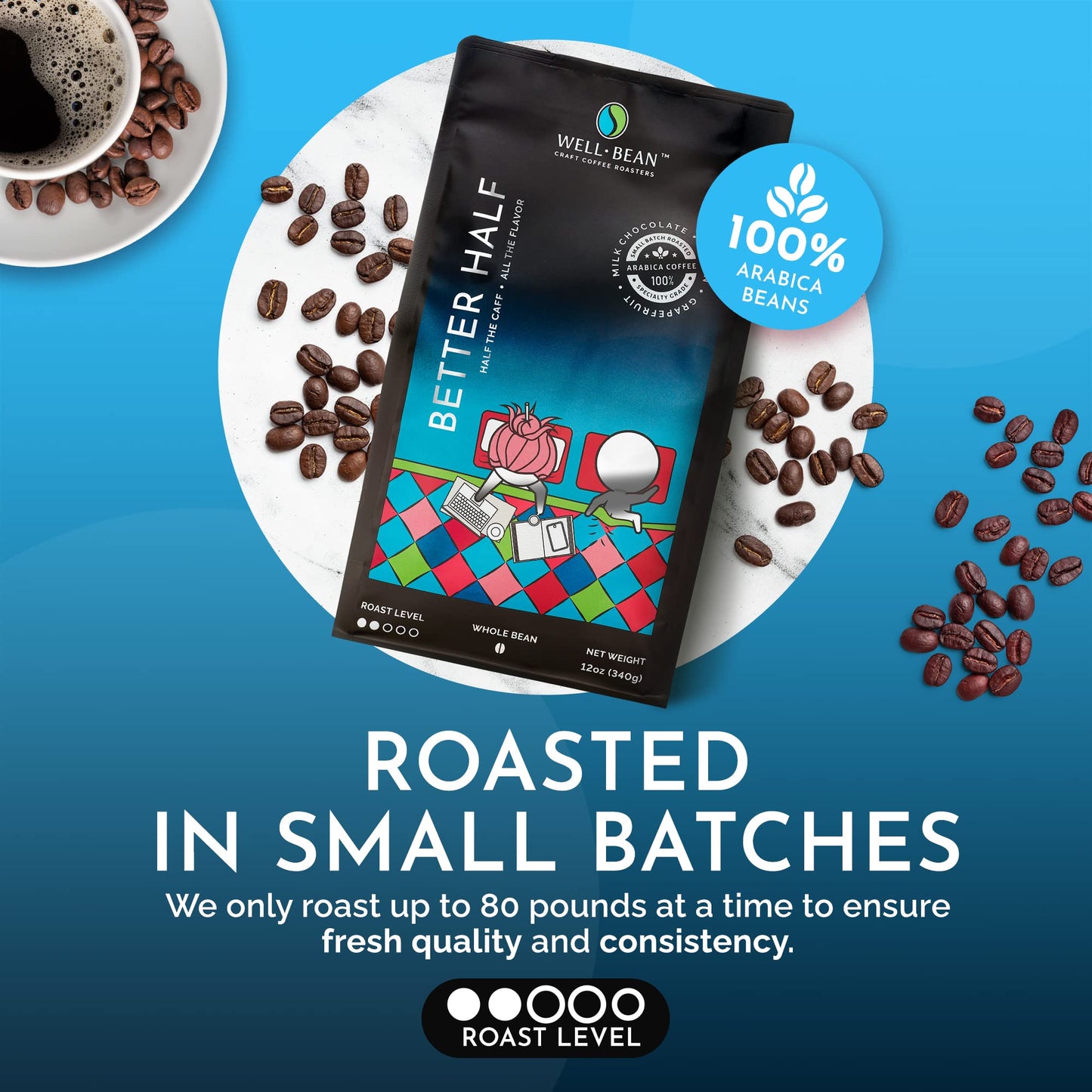 Well-Bean Coffee - Better Half, Light Roast, Half Caff, Whole Bean, Swiss-Water-Processed, No Chemicals, Small Batch, Soecialty Grade,12 oz, Pack of 1