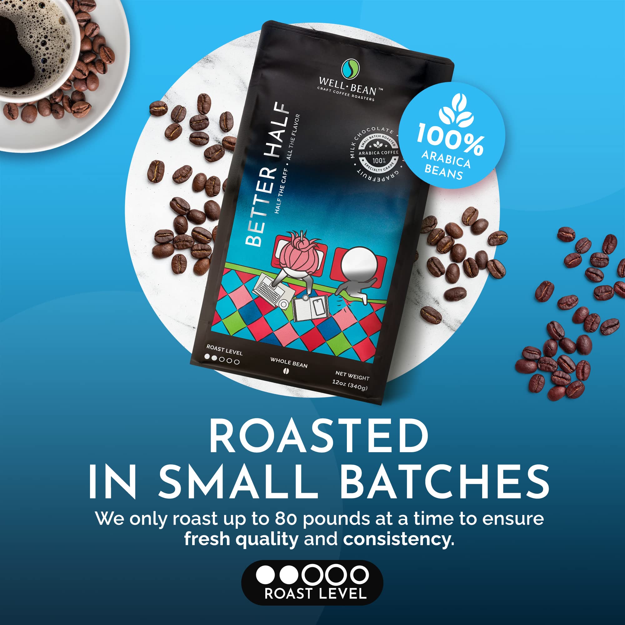 Well-Bean Coffee - Better Half, Light Roast, Half Caff, Whole Bean, Swiss-Water-Processed, No Chemicals, Small Batch, Soecialty Grade,12 oz, Pack of 1