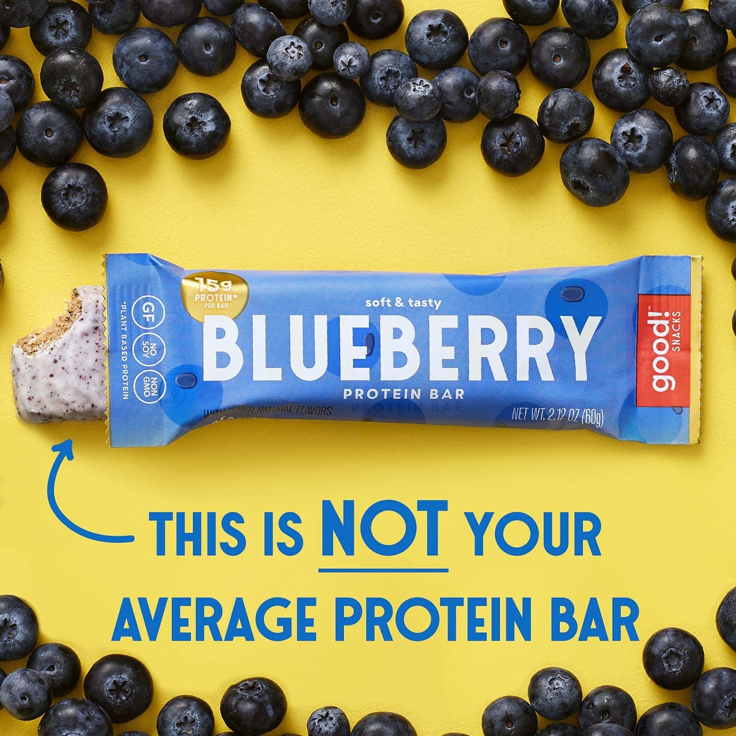 good! Snacks Blueberry Vegan Protein Bar, Soy & Gluten Free, Plant Based, Low Sugar, 15g Clean Protein, Natural Healthy Superfood Snack, Kosher