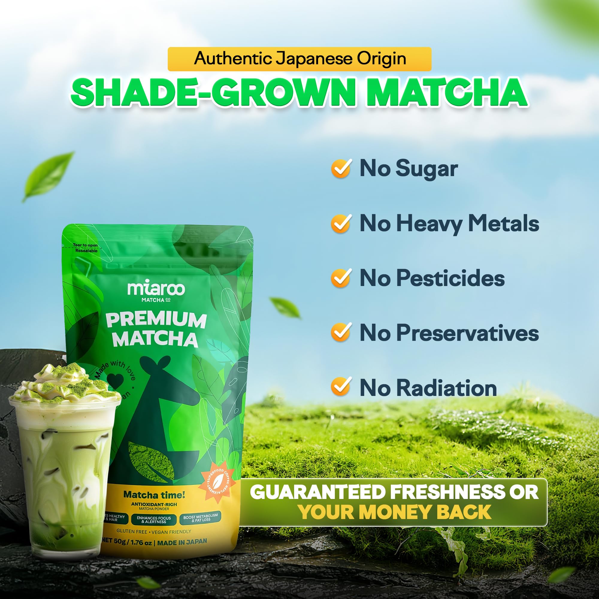 Miaroo Japanese Ceremonial Grade Matcha Green Tea Powder - Coffee Replacement for Energy, Calm Focus & No Jitters or Crash | Perfect for Lattes