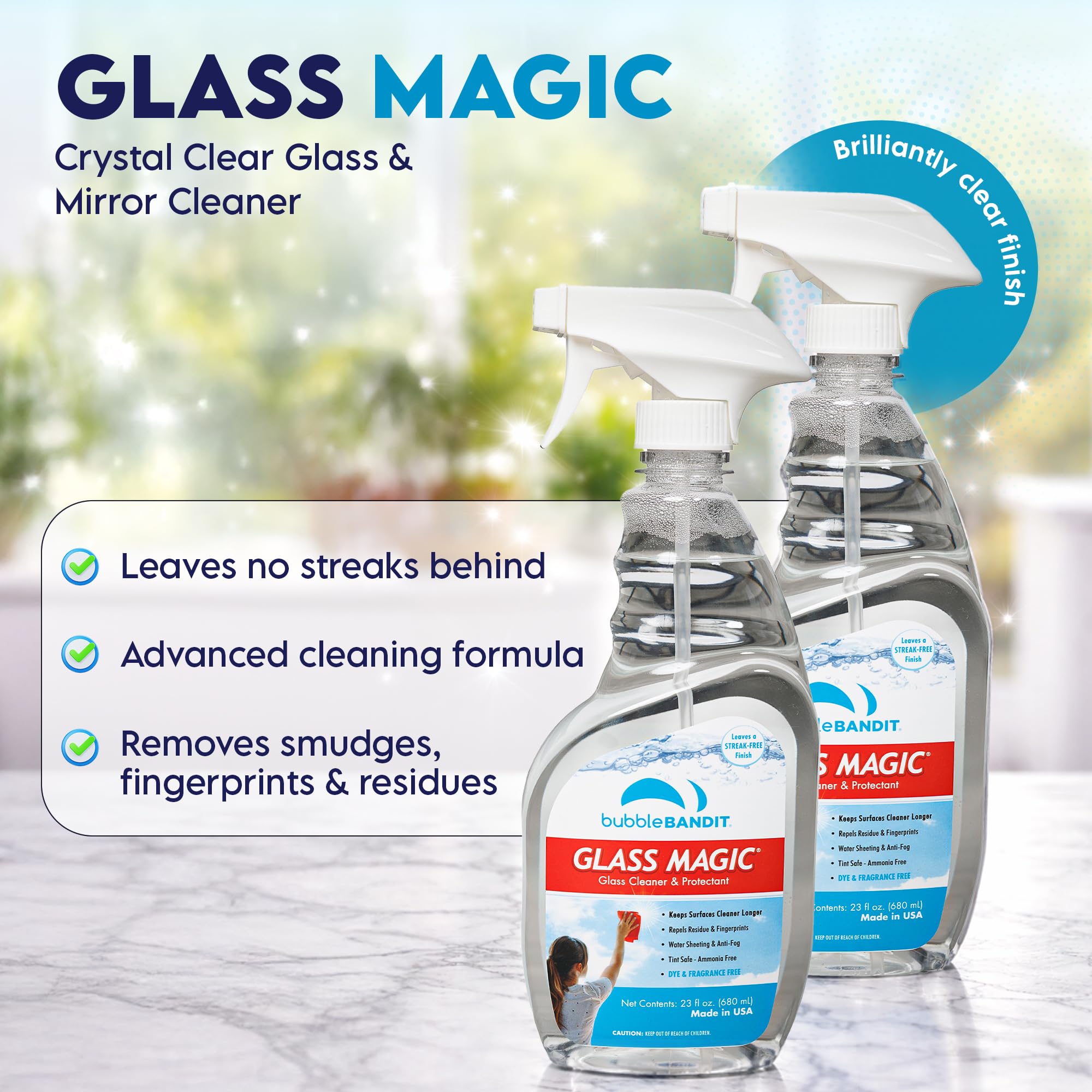 Bubble Bandit Glass Cleaner Spray Bottle, 23 Fl Oz | Streak Free Window Cleaner | Fresh Scent, Removes Fingerprints, Dust, Dirt, Smoke Film, Ammonia