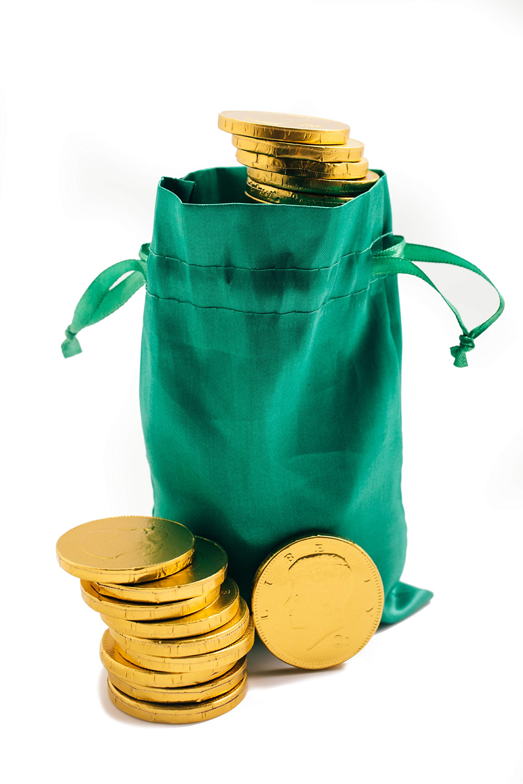 St. Patrick's Day Green Pouch w/ 20 Milk Chocolate Gold Coins - Linen Drawstring Bag - Golden American Half Dollar Coins - St. Paddy's Day Wedding