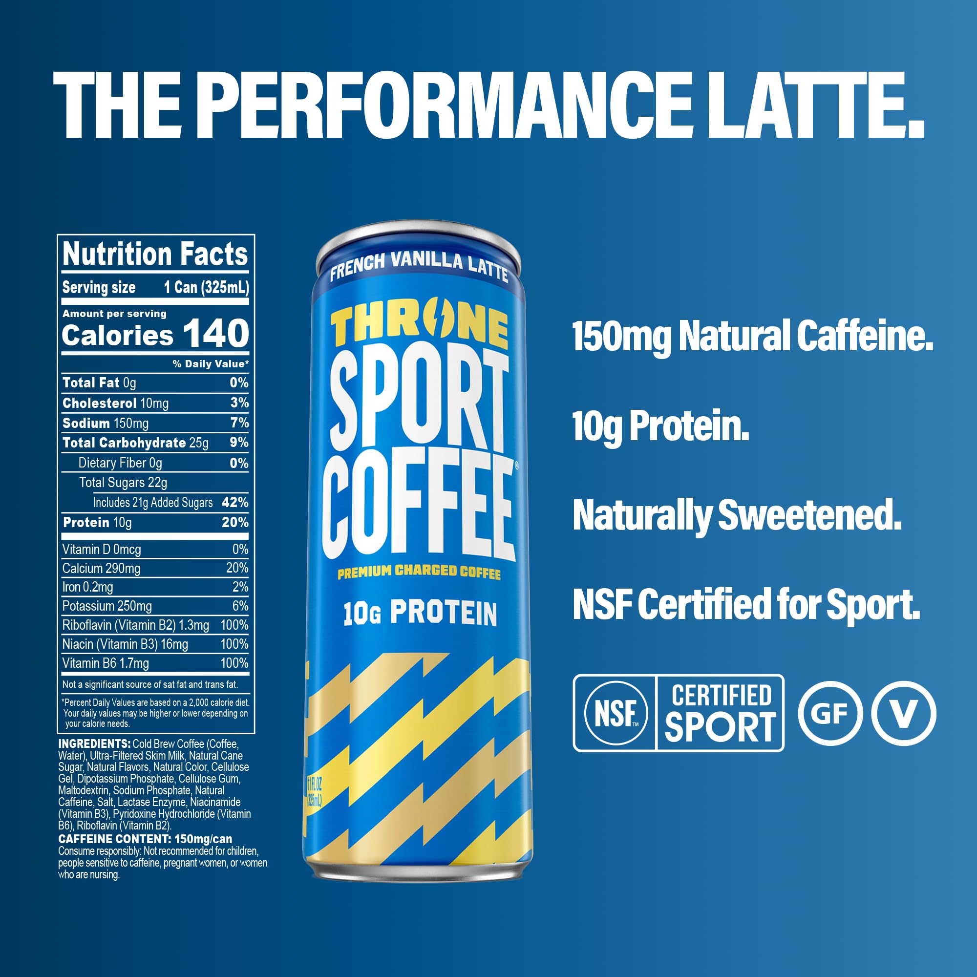 Throne Sport Coffee Latte - 10g protein - 150mg Natural Caffeine and B Vitamins - Lactose-Free, Premium Arabica, NSF Certified, Active Lifestyles