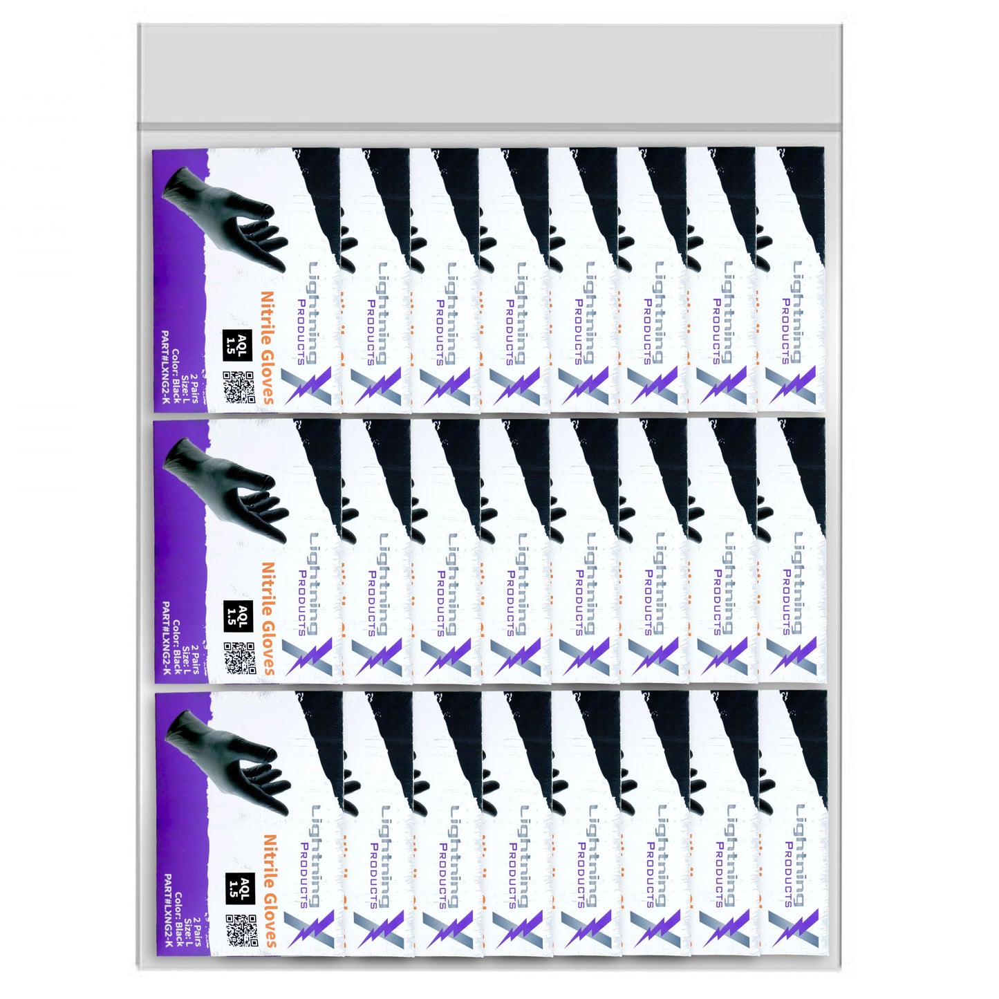 Lightning X Products Black Nitrile Glove Pairs, Individually Packed, 100 Gloves, 50 Pairs, 25 Carded Packs of 2 Pairs - Large