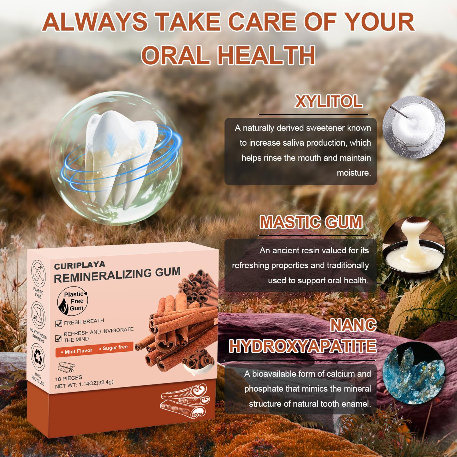 Remineralizing Chewing Gum with Hydroxyapatite, Xylitol - Enamel Protection, Fresh Breath Oral Health, No Aspartame, Dyes, Gluten, Sugar Free, Natural