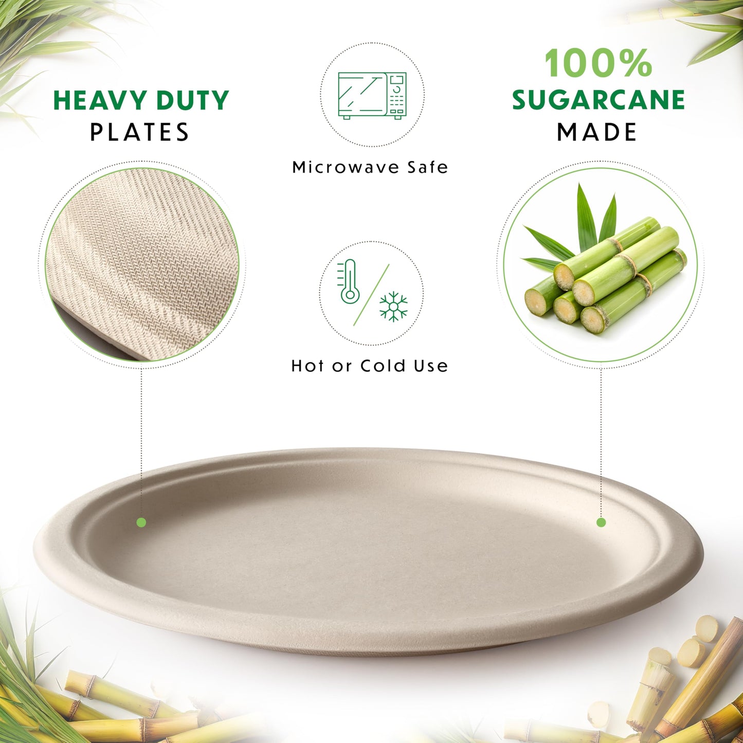 Compostable Plates, Disposable Heavy Duty Paper Plates - [125 Count] 9 Inch, Unbleached Biodegradable, Made of Natural Sugarcane Bagasse, Brown
