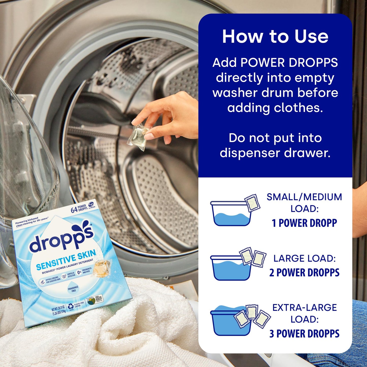 Dropps Sensitive Skin Laundry Detergent Pods, Unscented (64 Ct) - Hypoallergenic & Dermatologist Tested | Free & Clear | Laundry Pods for Sensitive