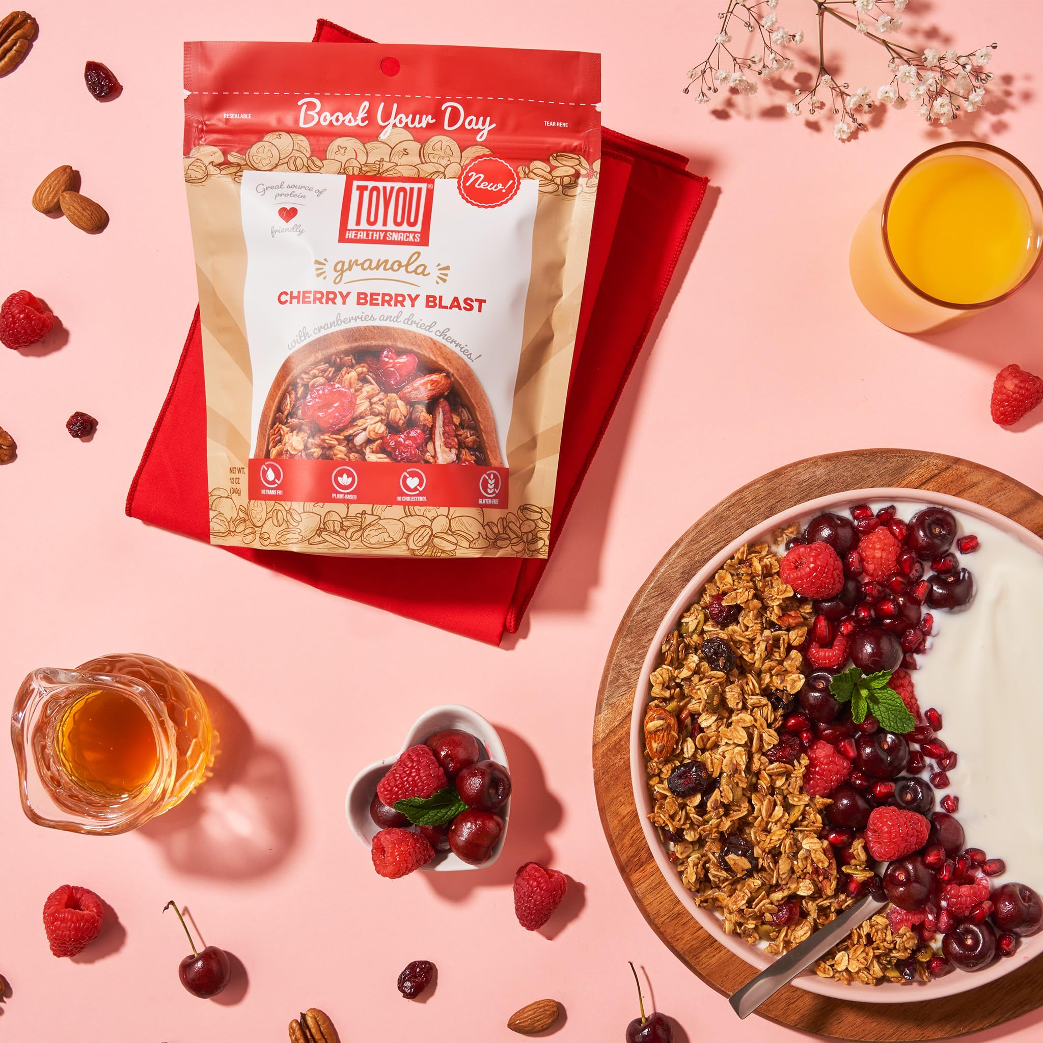 ToYou Snacks Gluten Free Granola, Fruit and Granola Cereal | Cherry Berry Blast - 12 Ounce (Pack of 1) | Plant Based, Vegan, Healthy Snacks for Adults
