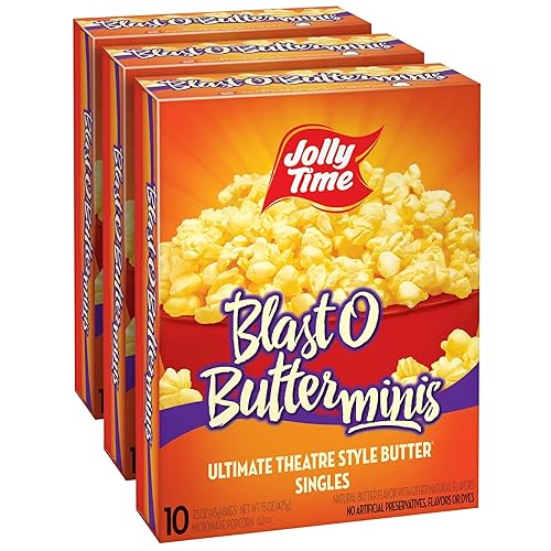 Jolly Time Blast O Butter, Ultimate Movie Theater Butter Microwave Popcorn, 1.5oz Personal Bag, 10 Bags Per Carton (Blast O Butter Minis, 1.5 Ounce