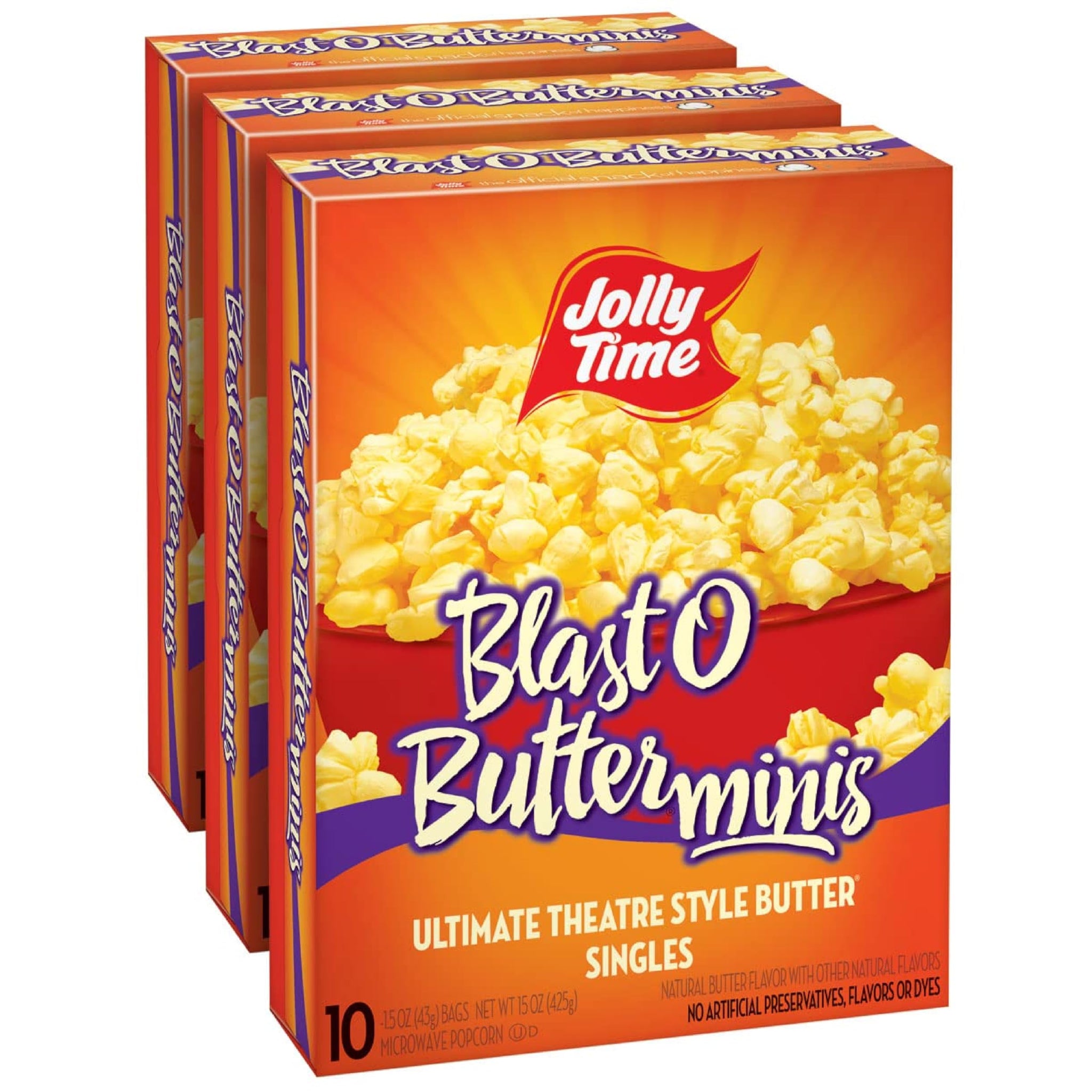 Jolly Time Blast O Butter, Ultimate Movie Theater Butter Microwave Popcorn, 1.5oz Personal Bag, 10 Bags Per Carton (Blast O Butter Minis, 1.5 Ounce