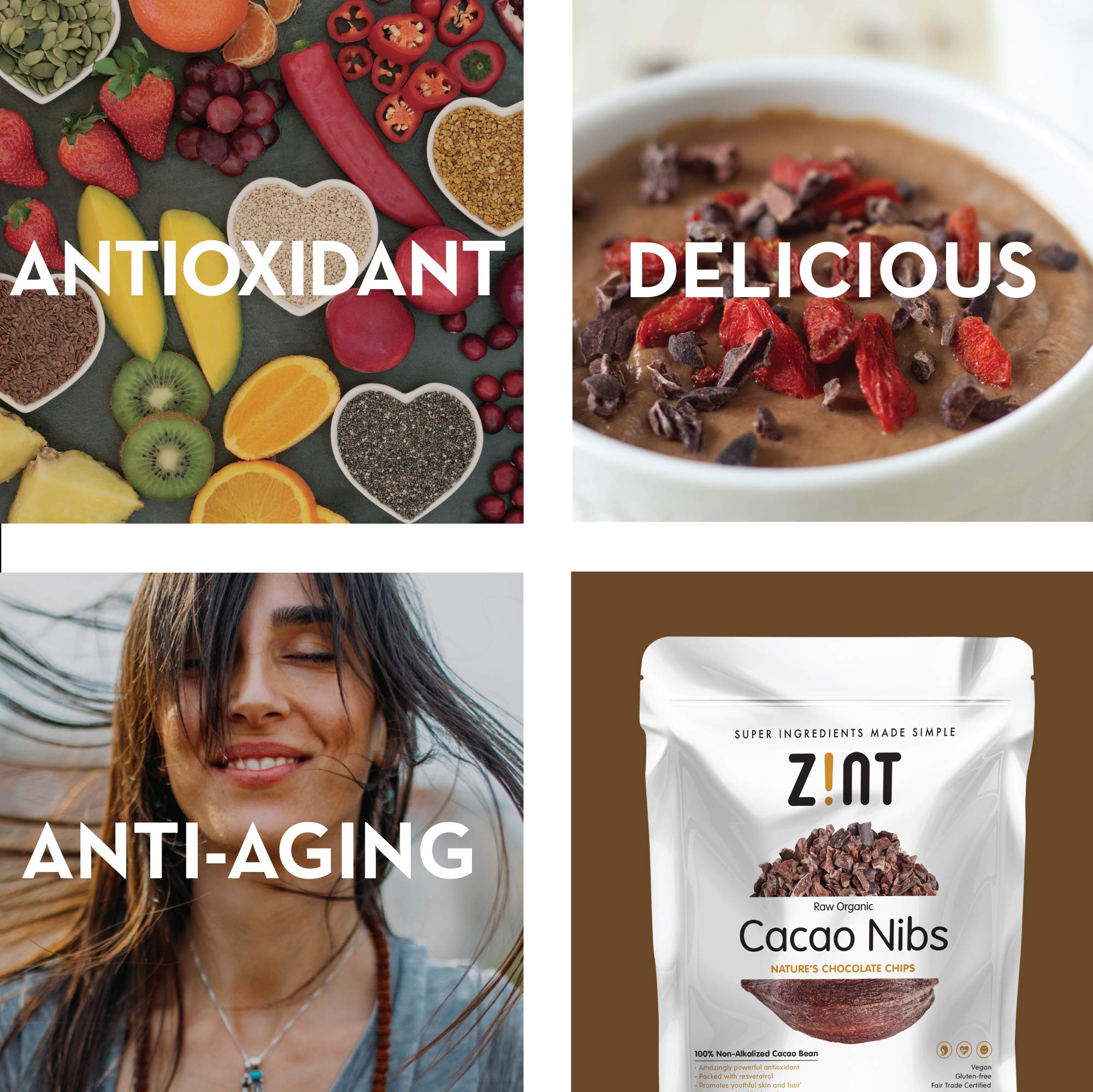 Zint Organic Cacao Nibs (8 oz): Fair Trade, Paleo-Certified, Organic, Non GMO, Anti Aging Antioxidant Superfood, Gluten Free Cocoa Cacao Beans