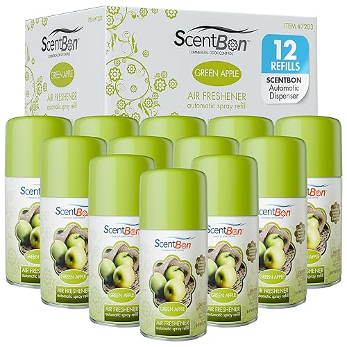 ScentBon Air Freshener Refill Metered Aerosol Can, Cinnamon, Fresh Linen, Green Apple, Mango, Ocean, Vanilla, Pack of 12 (12, Green - Green Apple