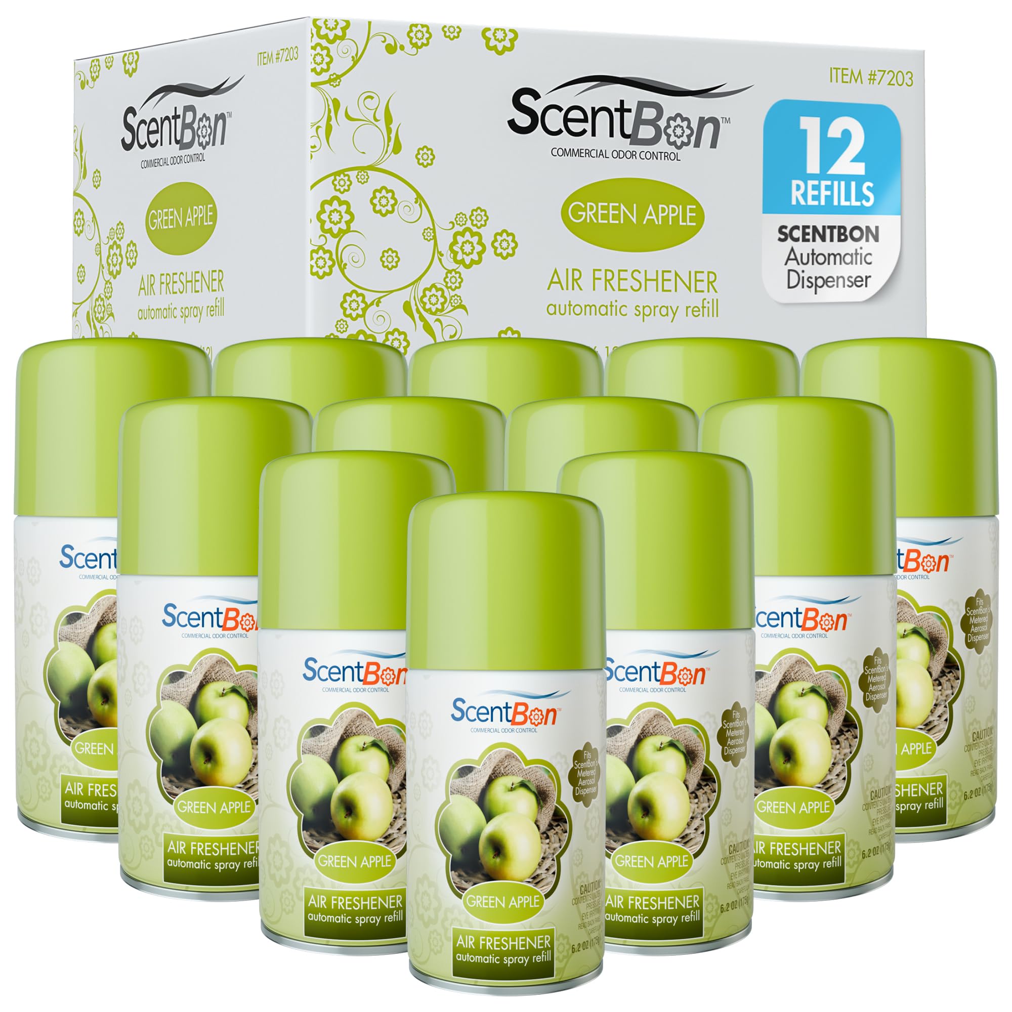 ScentBon Air Freshener Refill Metered Aerosol Can, Cinnamon, Fresh Linen, Green Apple, Mango, Ocean, Vanilla, Pack of 12 (12, Green - Green Apple