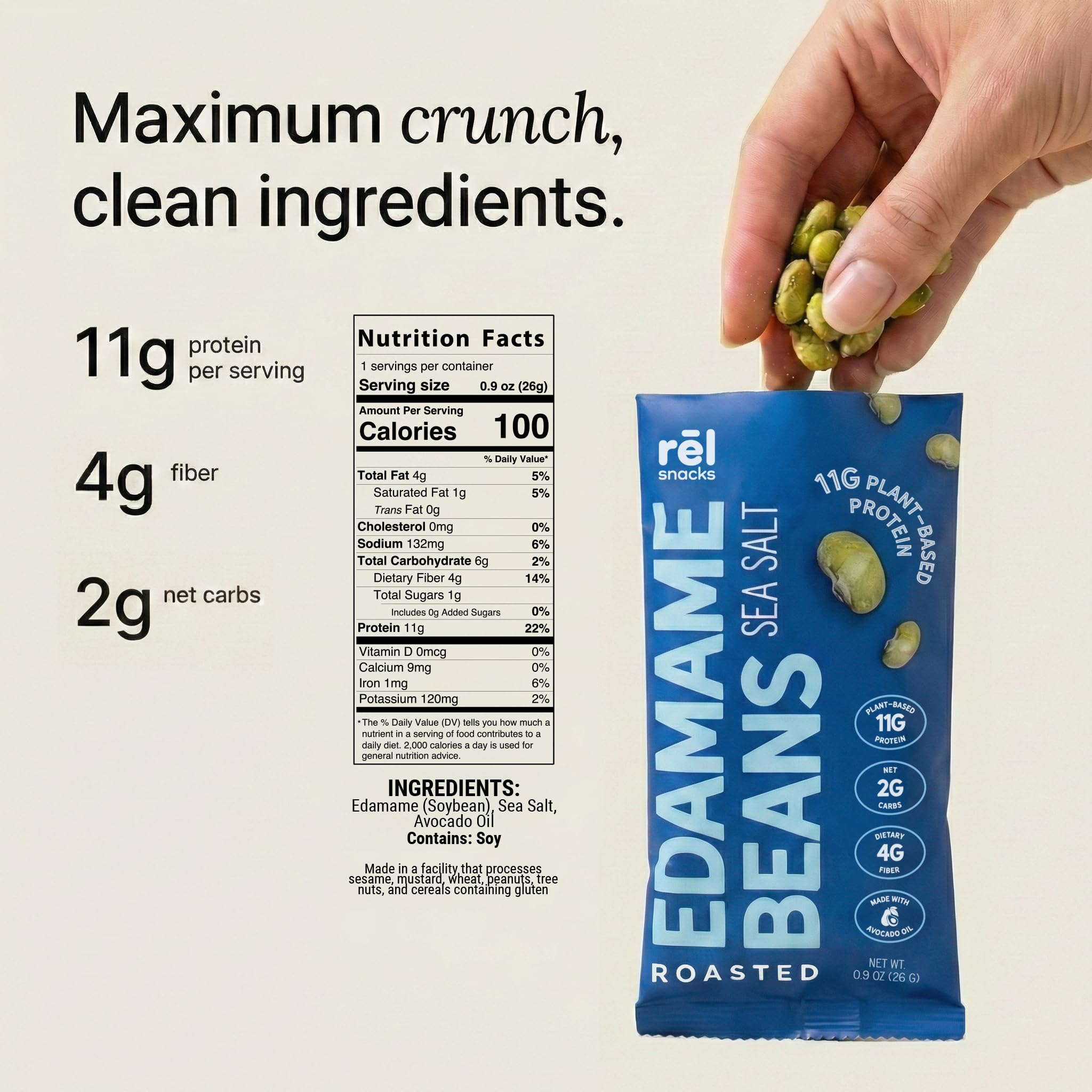 Rel Snacks Sea Salt Roasted Edamame Beans - High Protein, Low Carb Snack (11g Protein) - Keto, Vegan, Non-GMO - Made with Avocado Oil - 10 Pack, 0.9