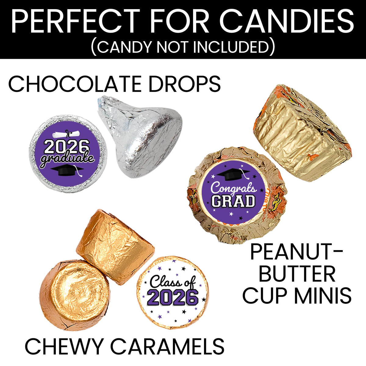 DISTINCTIVS Class of 2026 Graduation Candy Stickers for Chocolate Drops, Purple Grad Party Favors - 216 Count