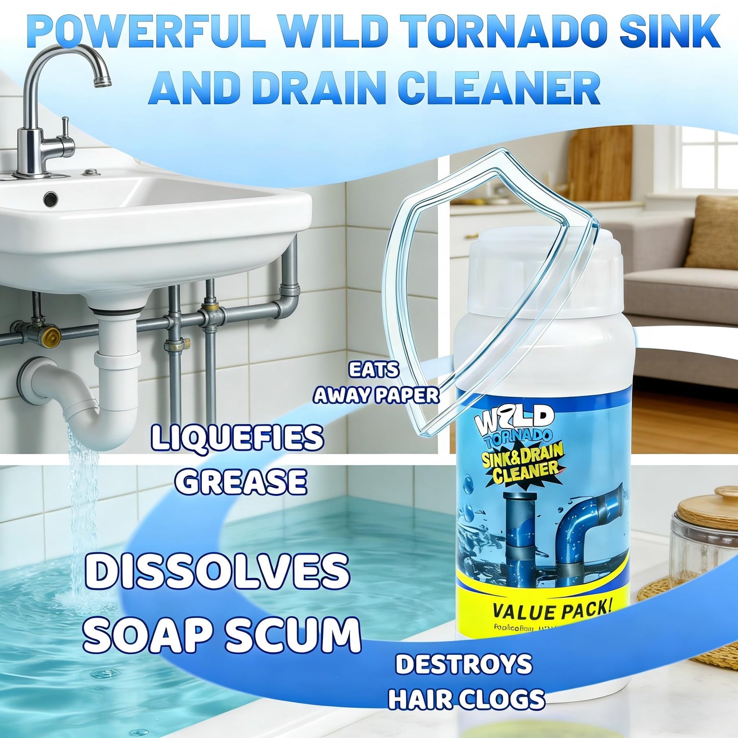 2pc Wild Tornado Sink and Drain Cleaner Powder - Powerful Pipe Dredge for Kitchen & Toilet, Drain Clog Remover, Pipeline Dredging Agent (2)