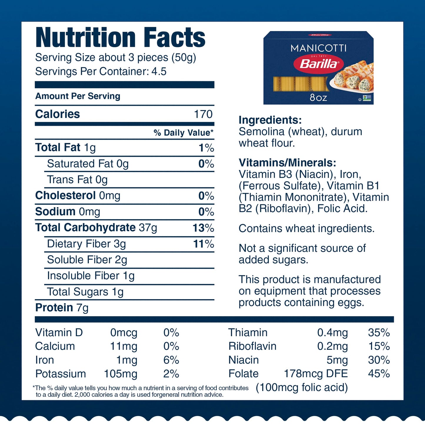 Barilla Manicotti Pasta, 8 oz. Box (Pack of 12) - Non-GMO, Made with Durum Wheat Semolina - Kosher Certified