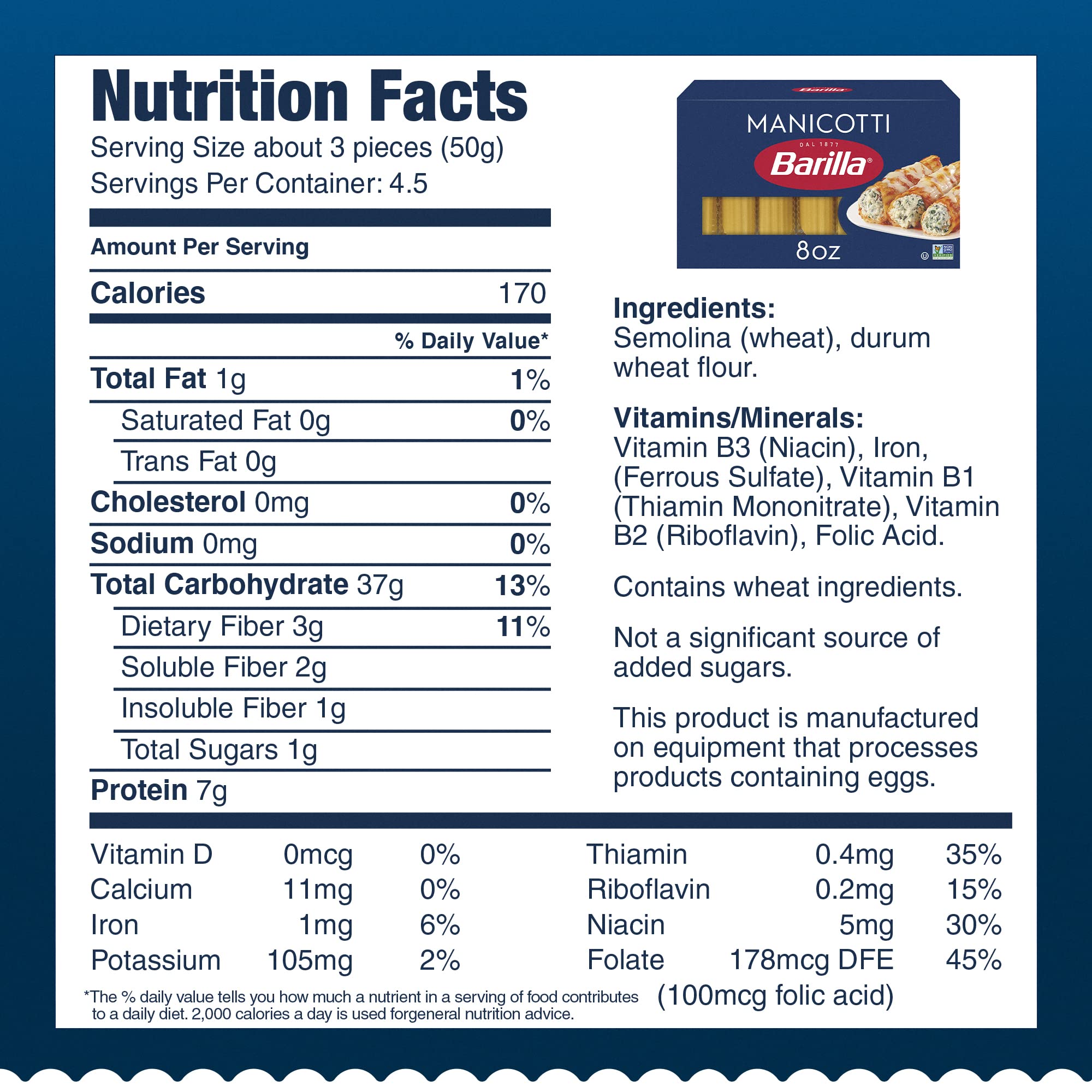 Barilla Manicotti Pasta, 8 oz. Box (Pack of 12) - Non-GMO, Made with Durum Wheat Semolina - Kosher Certified